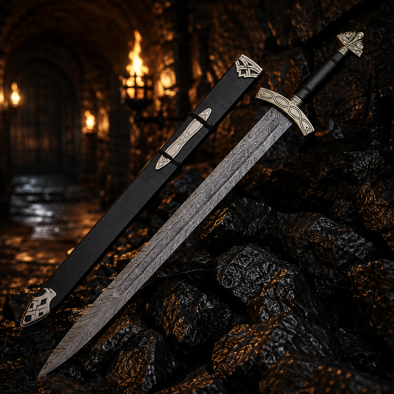 Handmade Viking Fantasy Damascus Sword with Black Scabbard Engraved Blade, Medieval Decorative Sword for Display Halloween Costume Gift