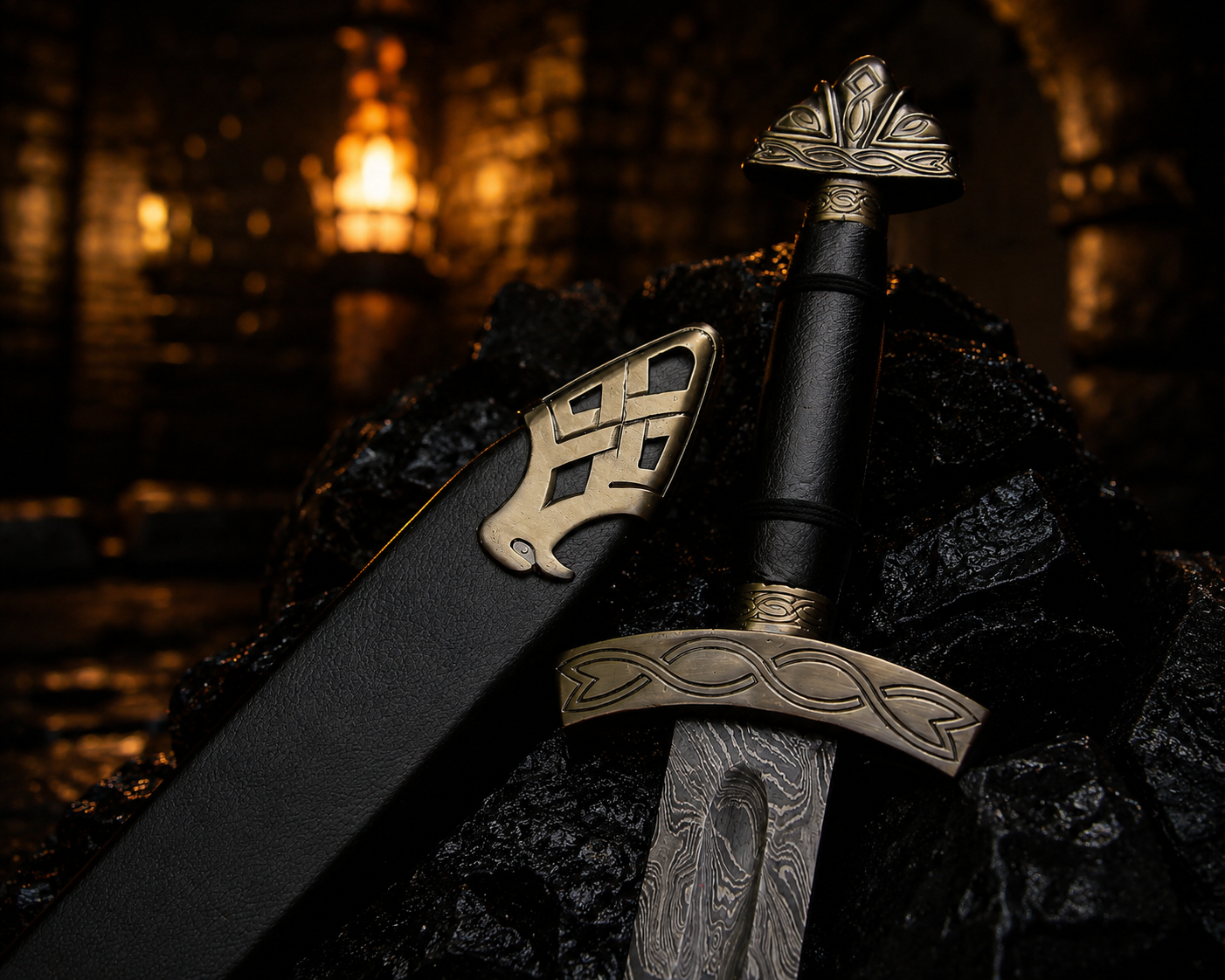 Handmade Viking Fantasy Damascus Sword with Black Scabbard Engraved Blade, Medieval Decorative Sword for Display Halloween Costume Gift