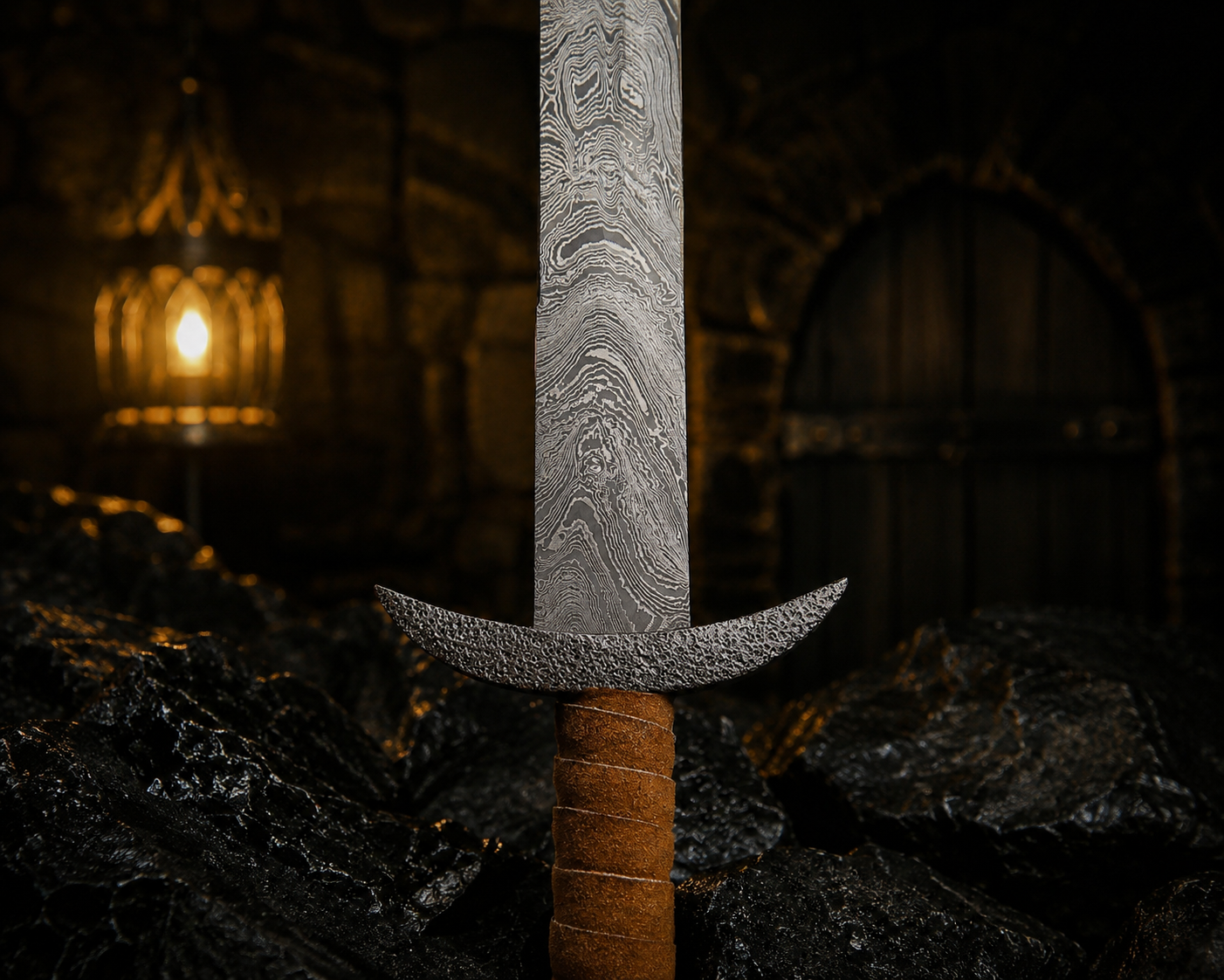 Handmade Ashen Raider Damascus Sword Engraved Blade, Medieval Decorative Sword for Display Halloween Costume Gift