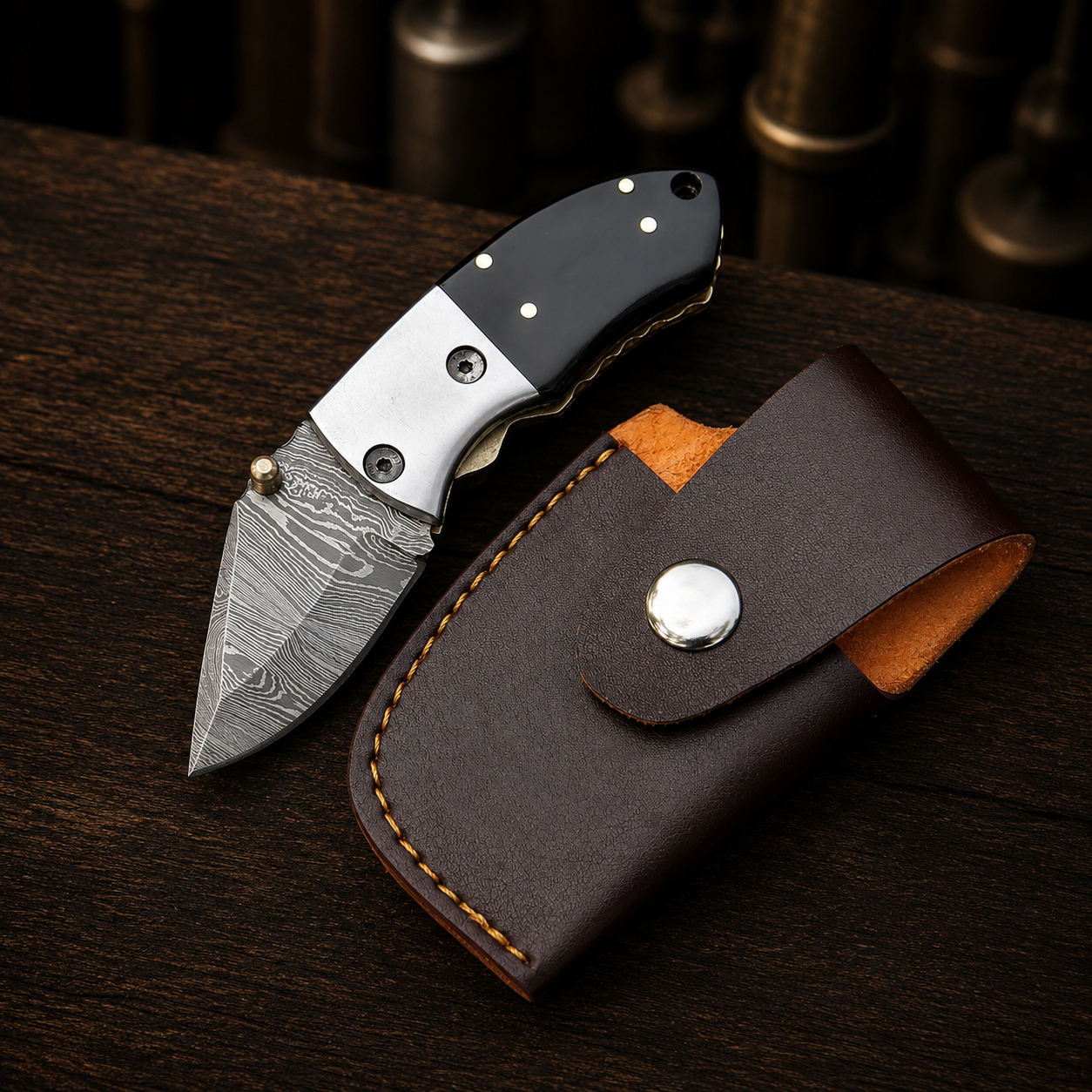 Handmade Damascus Steel Mini Pocket Knife, Black Horn Handle, Small Folding Knife, Groomsman Gift Anniversary gift