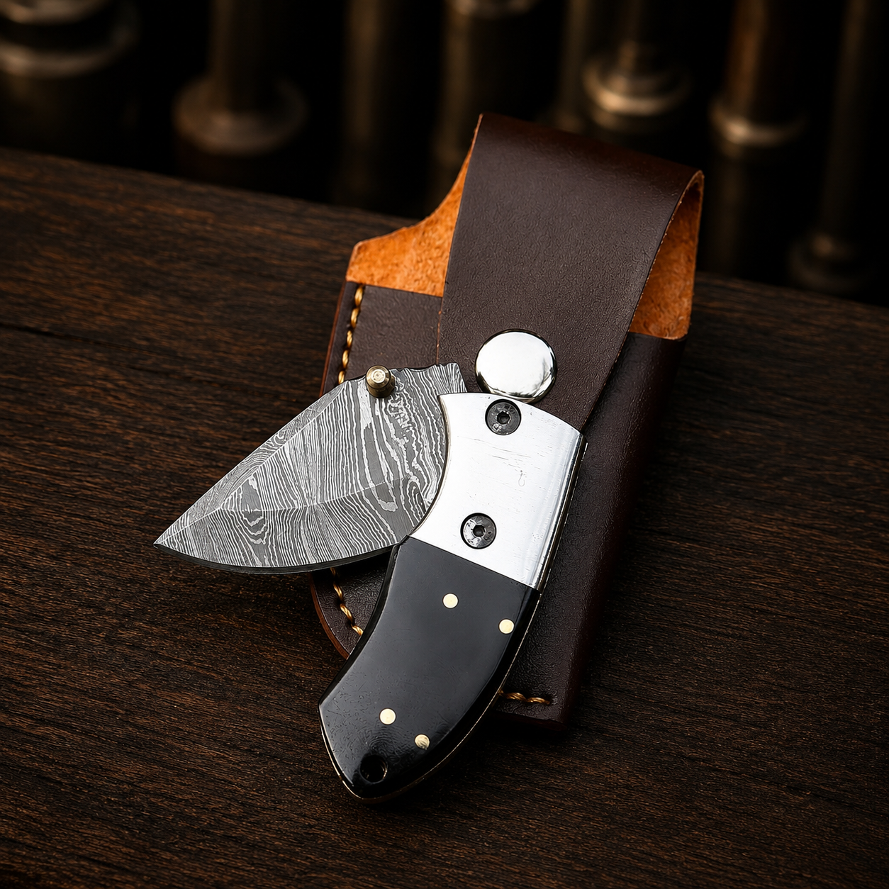 Handmade Damascus Steel Mini Pocket Knife, Black Horn Handle, Small Folding Knife, Groomsman Gift Anniversary gift