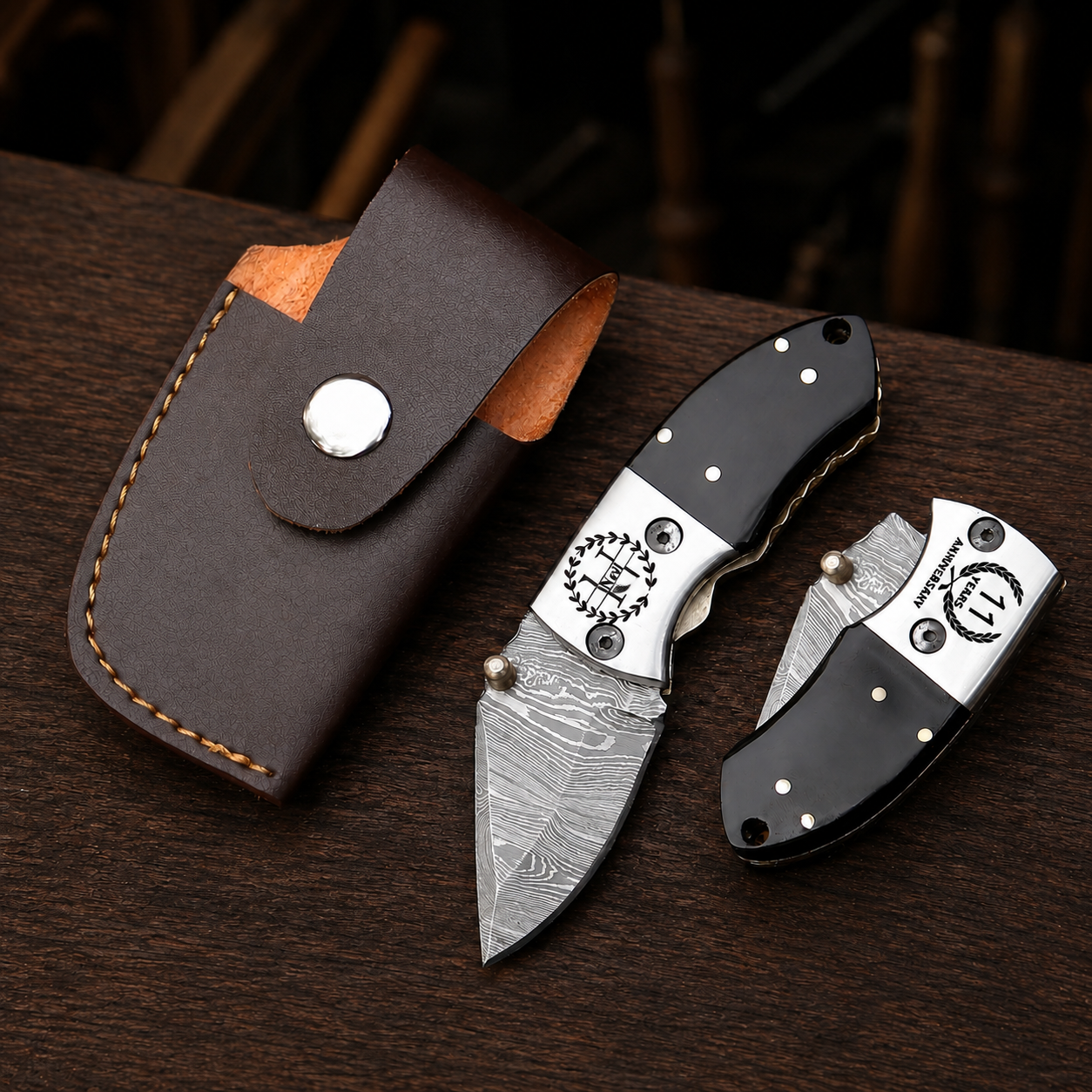 Handmade Damascus Steel Mini Pocket Knife, Black Horn Handle, Small Folding Knife, Groomsman Gift Anniversary gift