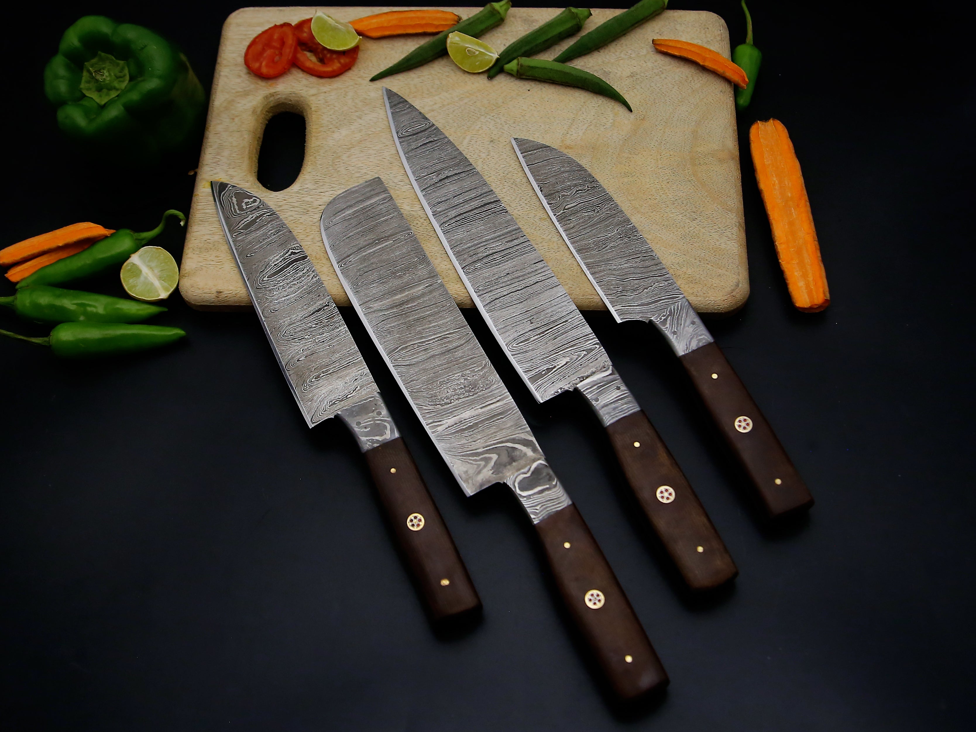 Best Hot selling chef Knife set of 4 PCS Brown Micarta sheet mosaic Pin Handle Damascus steel Kitchen Knife set Sharp cutting edge come with Leather Roll kit.