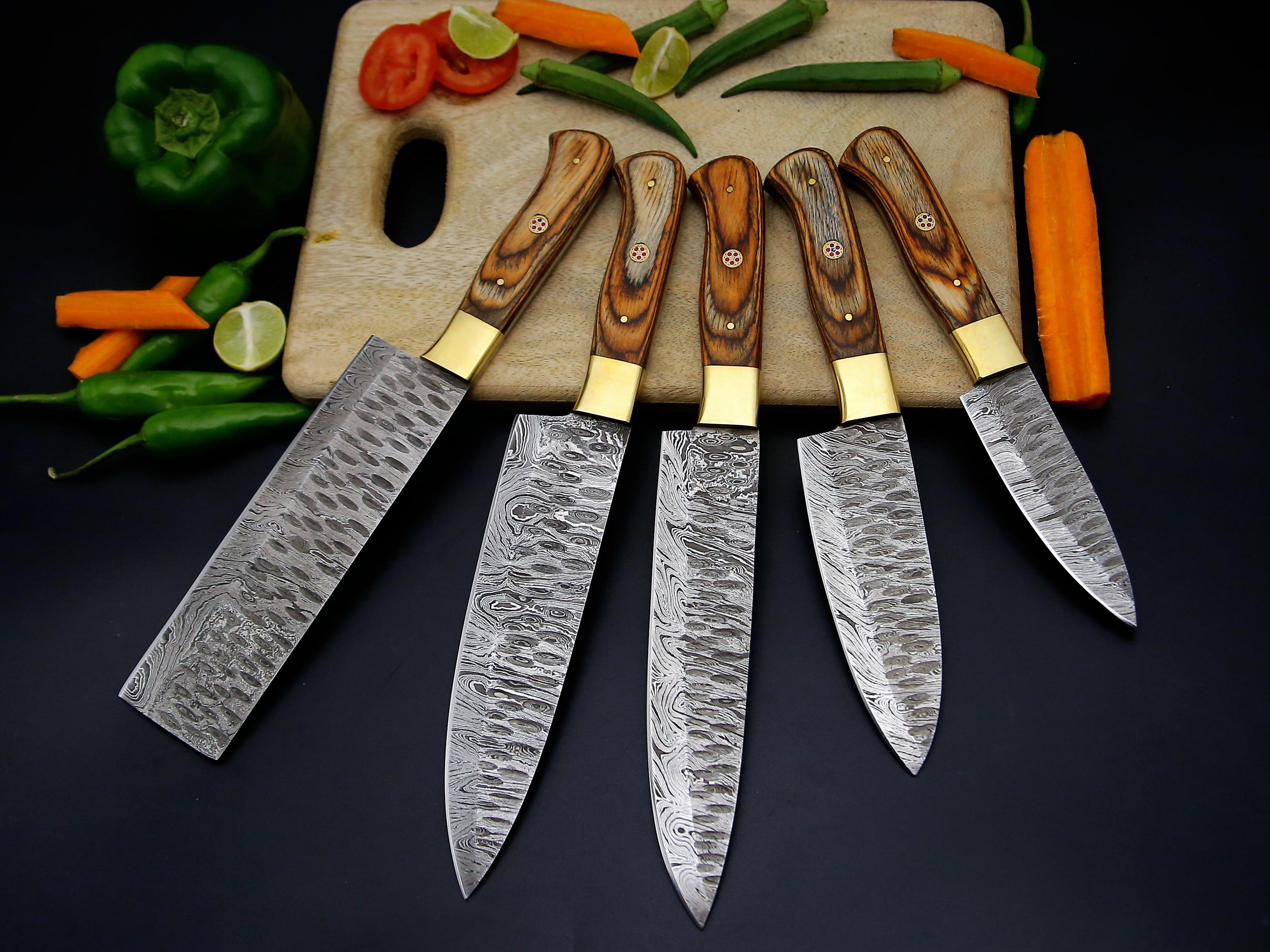 Damascus steel Chef knife set of 5 PCS Brown Dollar sheet Handle Kitchen Knife with Leather Roll kit.