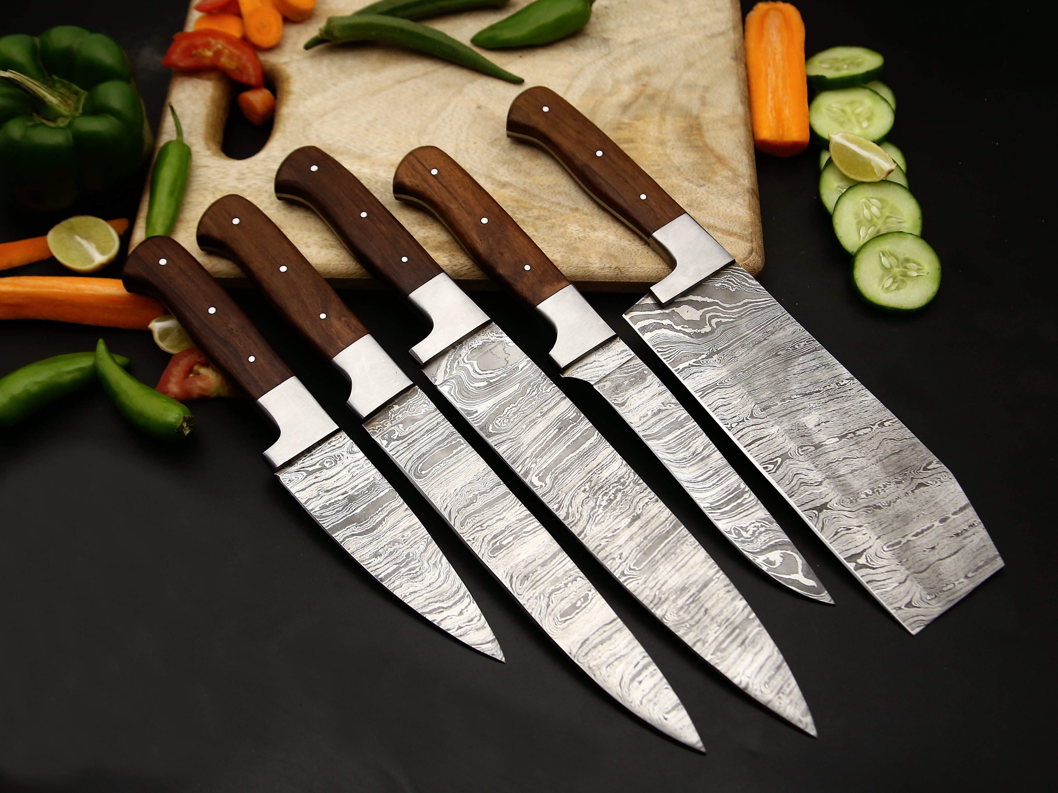 Chef Knife Set of 5 PCS with Rosewood Handle Stainless steel Bolster Damascus Kitchen Knife Razor sharp cutting Edge come with Leather Roll kit.