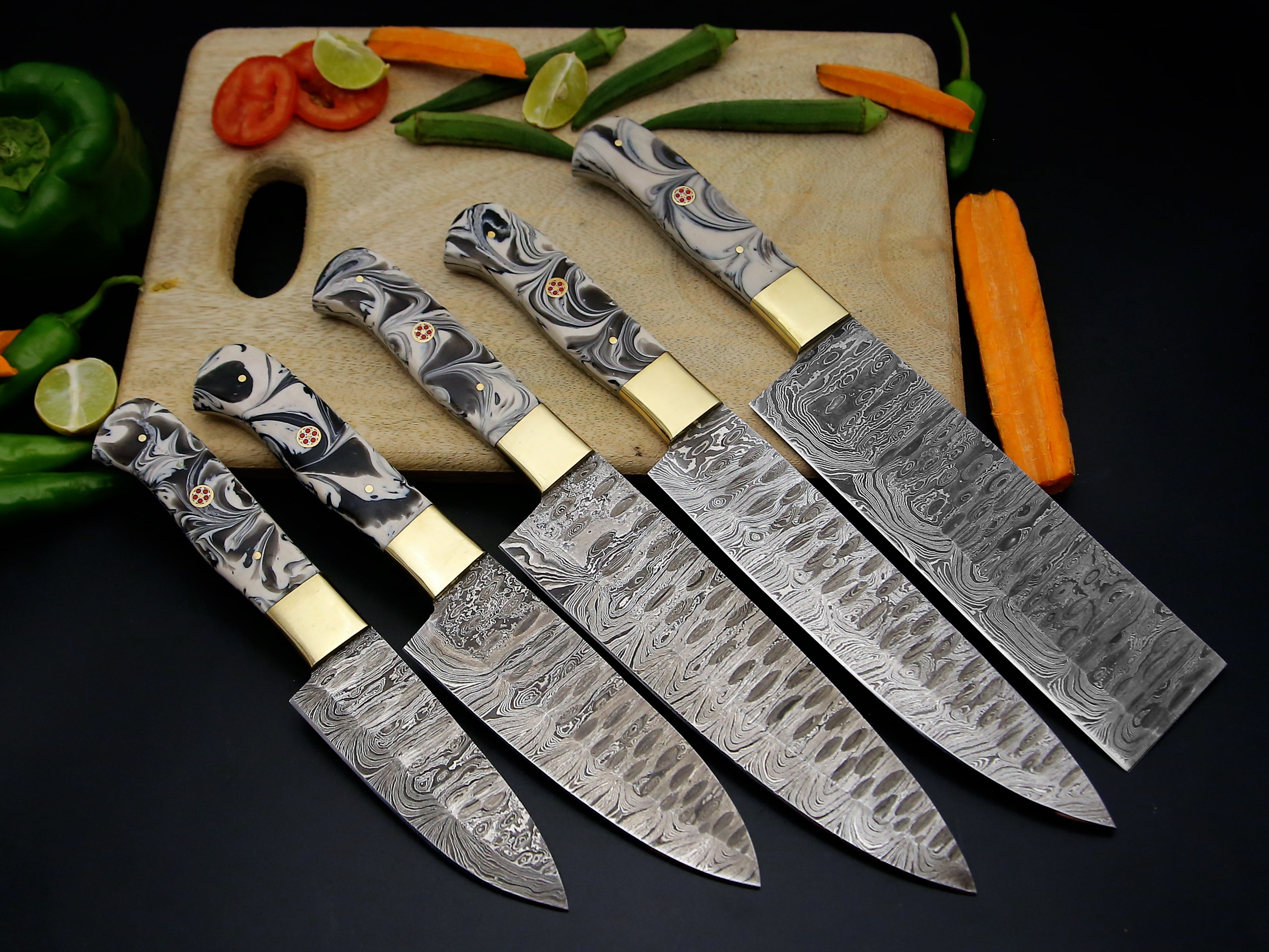 Hand Made Damascus Steel Chef Knife Set with leather roll, Kitchen Knife Set, Set of 5 Pieces, Japanese Chef popular knife set, best Christmas gift