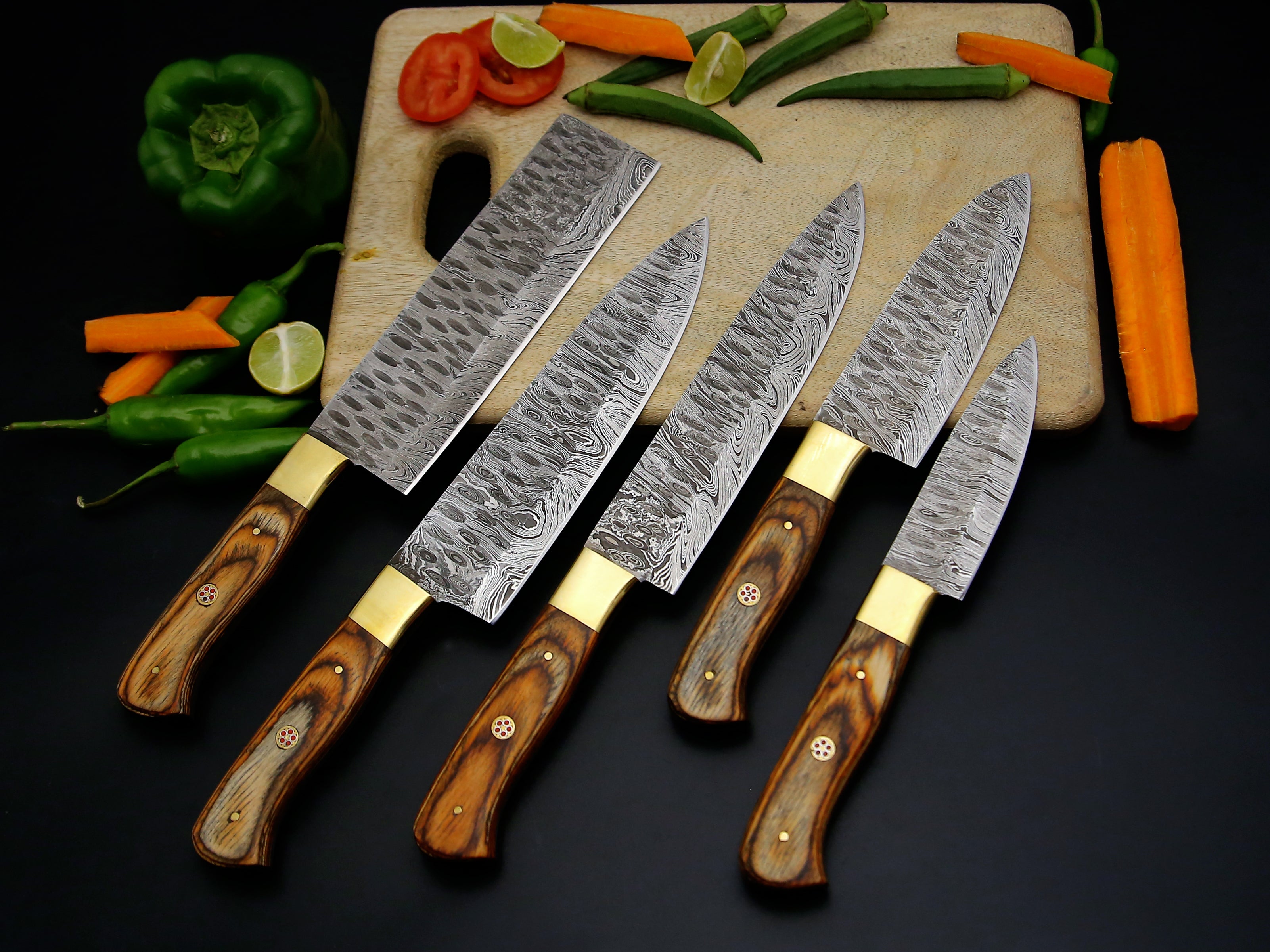 Damascus steel Chef knife set of 5 PCS Brown Dollar sheet Handle Kitchen Knife with Leather Roll kit.