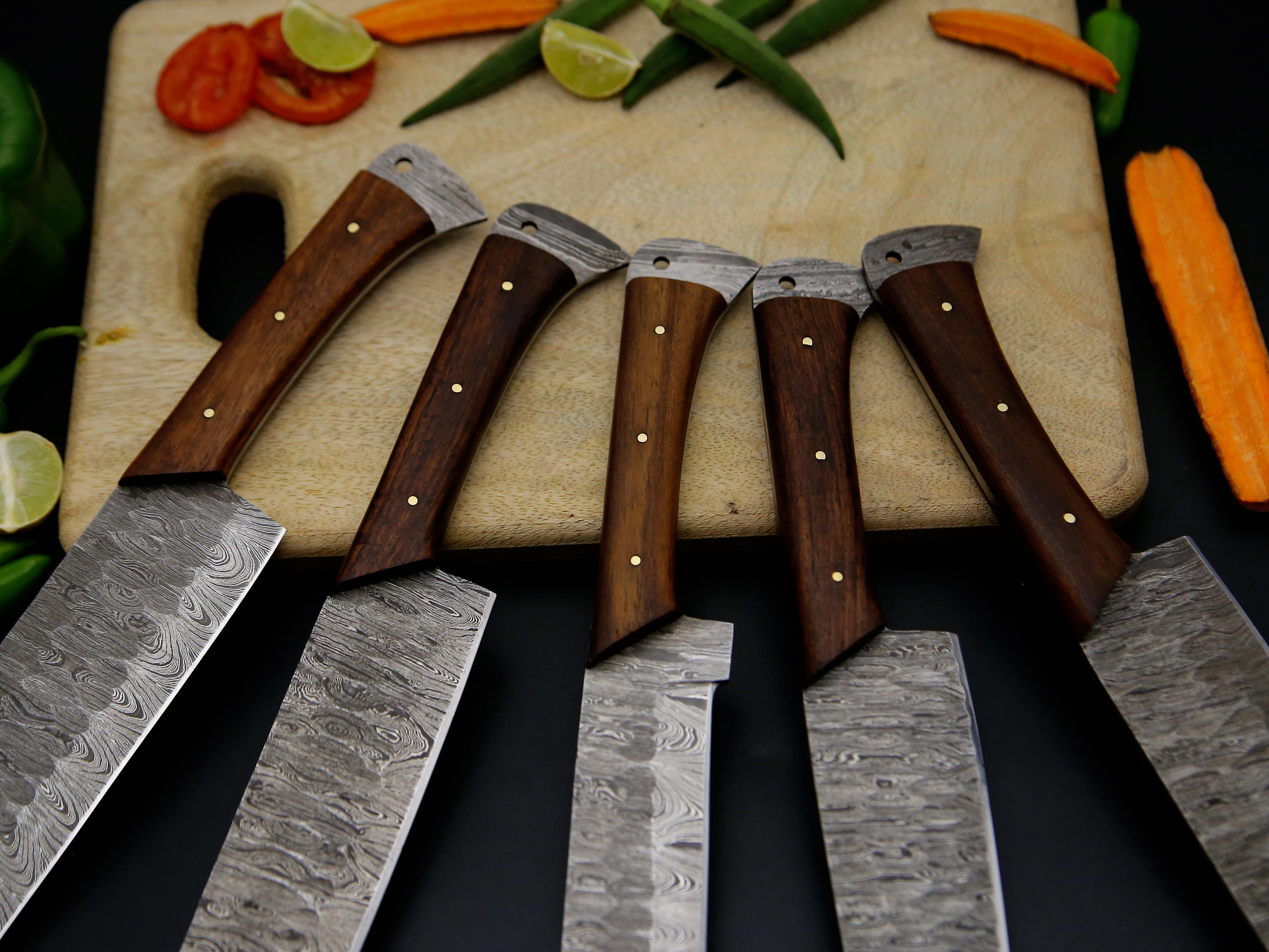 Full Tang Rosewood Handle Damascus Steel Chef Kitchen Knife Set Of 5 PCS with Leather Kit file work on the blade sharp cutting edge .