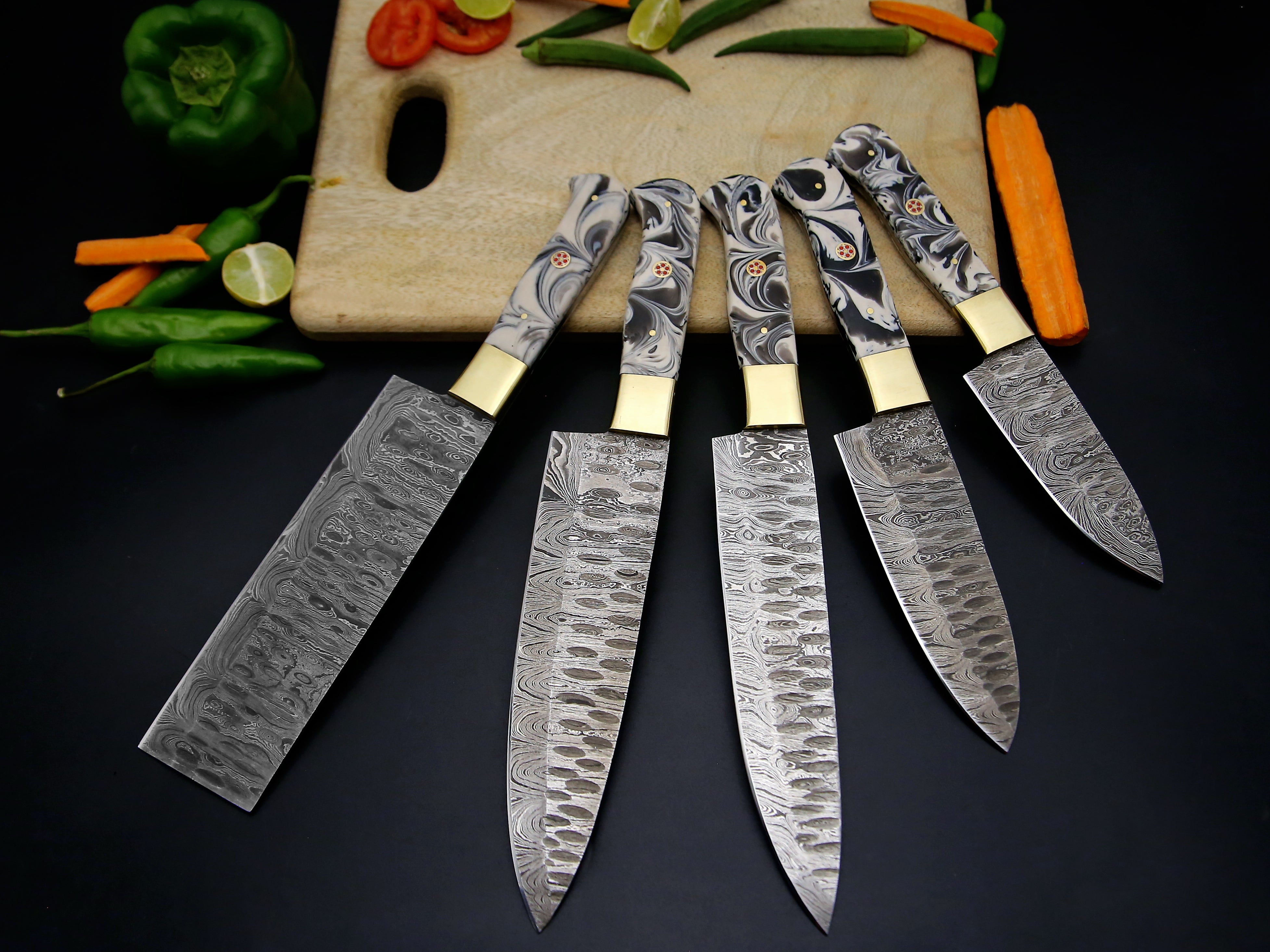 Personalized Handmade Damascus Steel Chef knife set of 5 PCS with Beautiful Resin Handle Kitchen Knife with Leather Kit