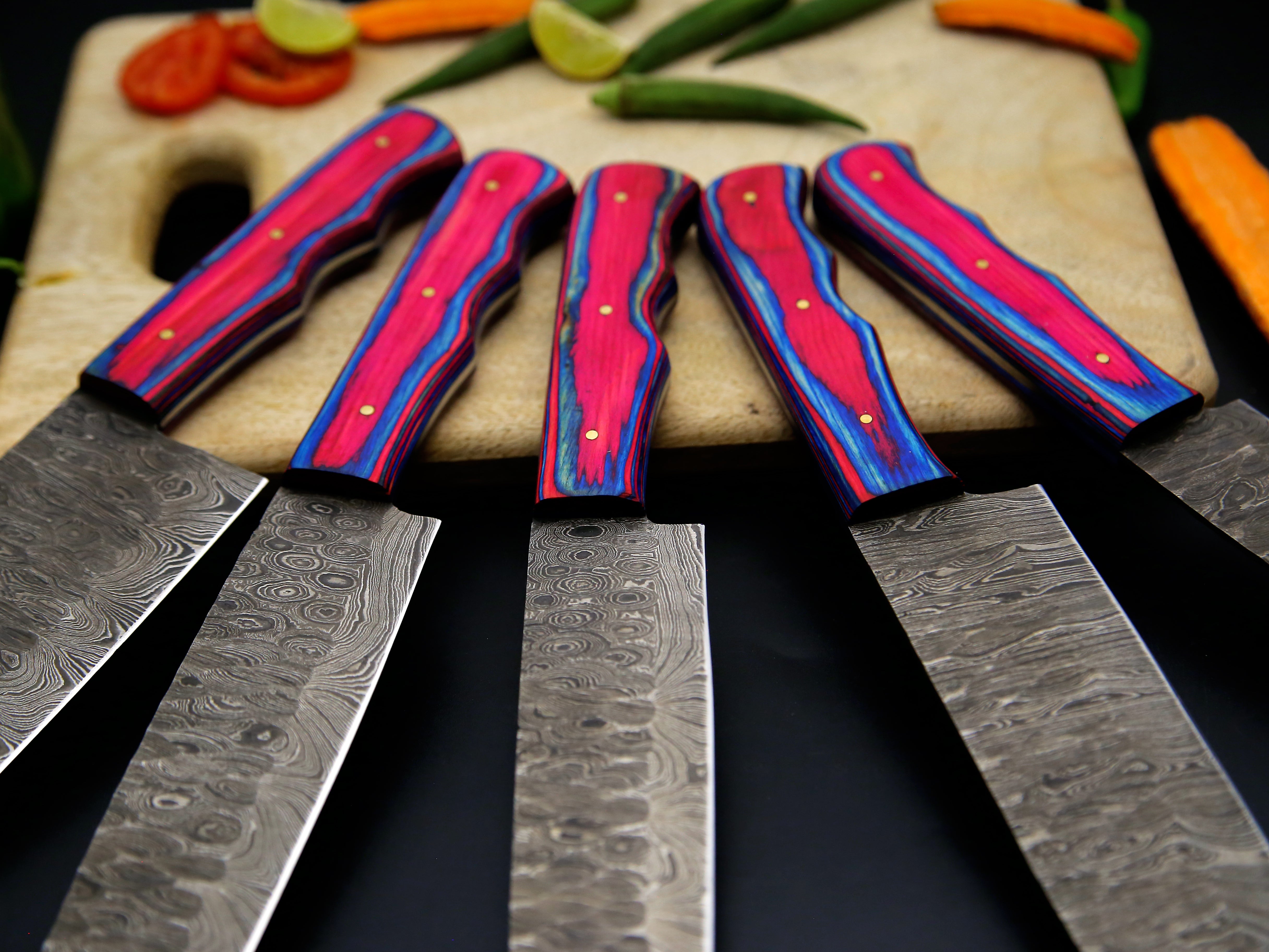 Personalized Handmade Damascus Steel Kitchen Knife Set Of 5 PCS Multi Color Dollar Handle Chef Knife With Leather Roll Kit.