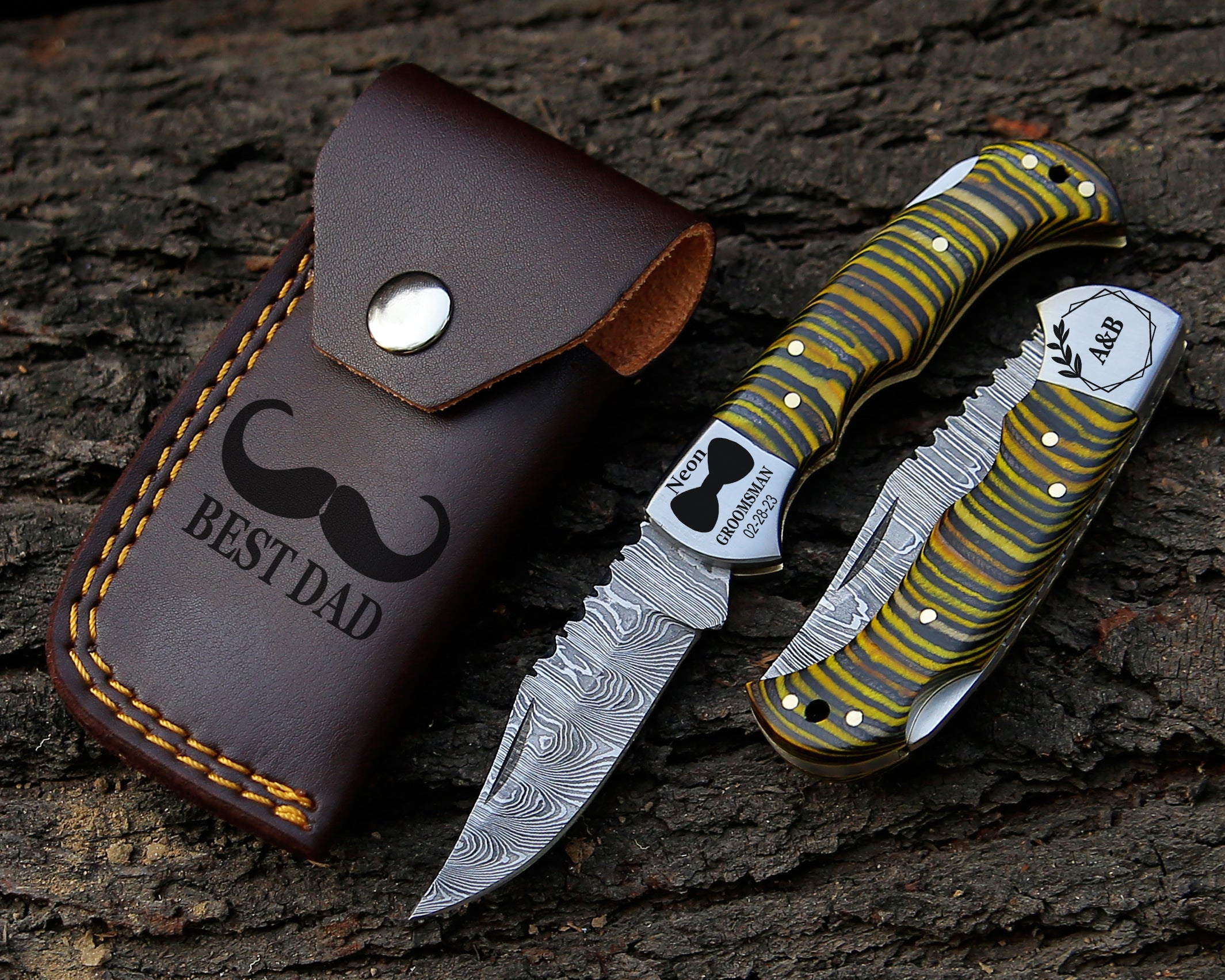 Damascus Folding Pocket Knife – Custom Steel Blade with Multicolor Wood Handle EDC Camping Knife with Leather Pouch.