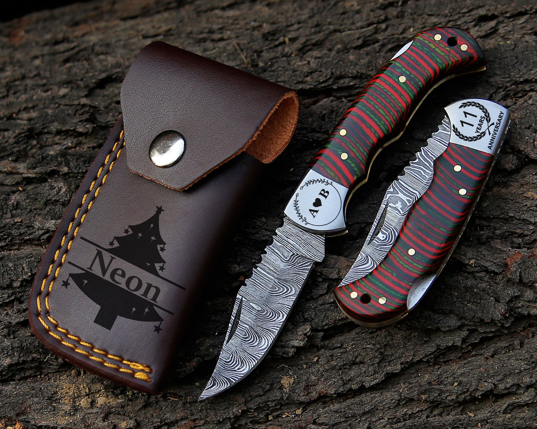Premium Damascus Steel Pocket Knife – Handmade & Razor Sharp Multicolor Resin Handle with Leather Pouch.