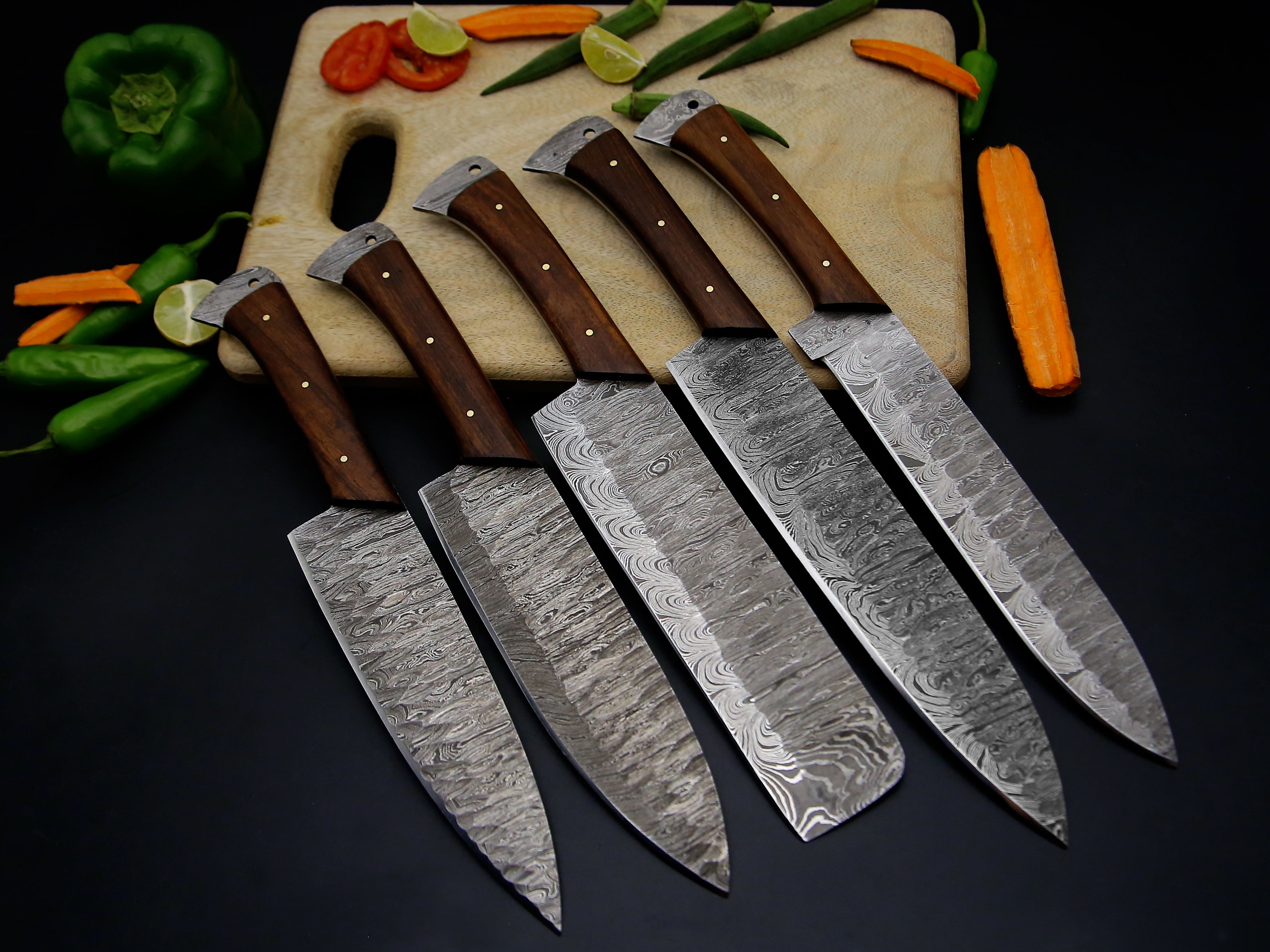 Full Tang Rosewood Handle Damascus Steel Chef Kitchen Knife Set Of 5 PCS with Leather Kit file work on the blade sharp cutting edge .