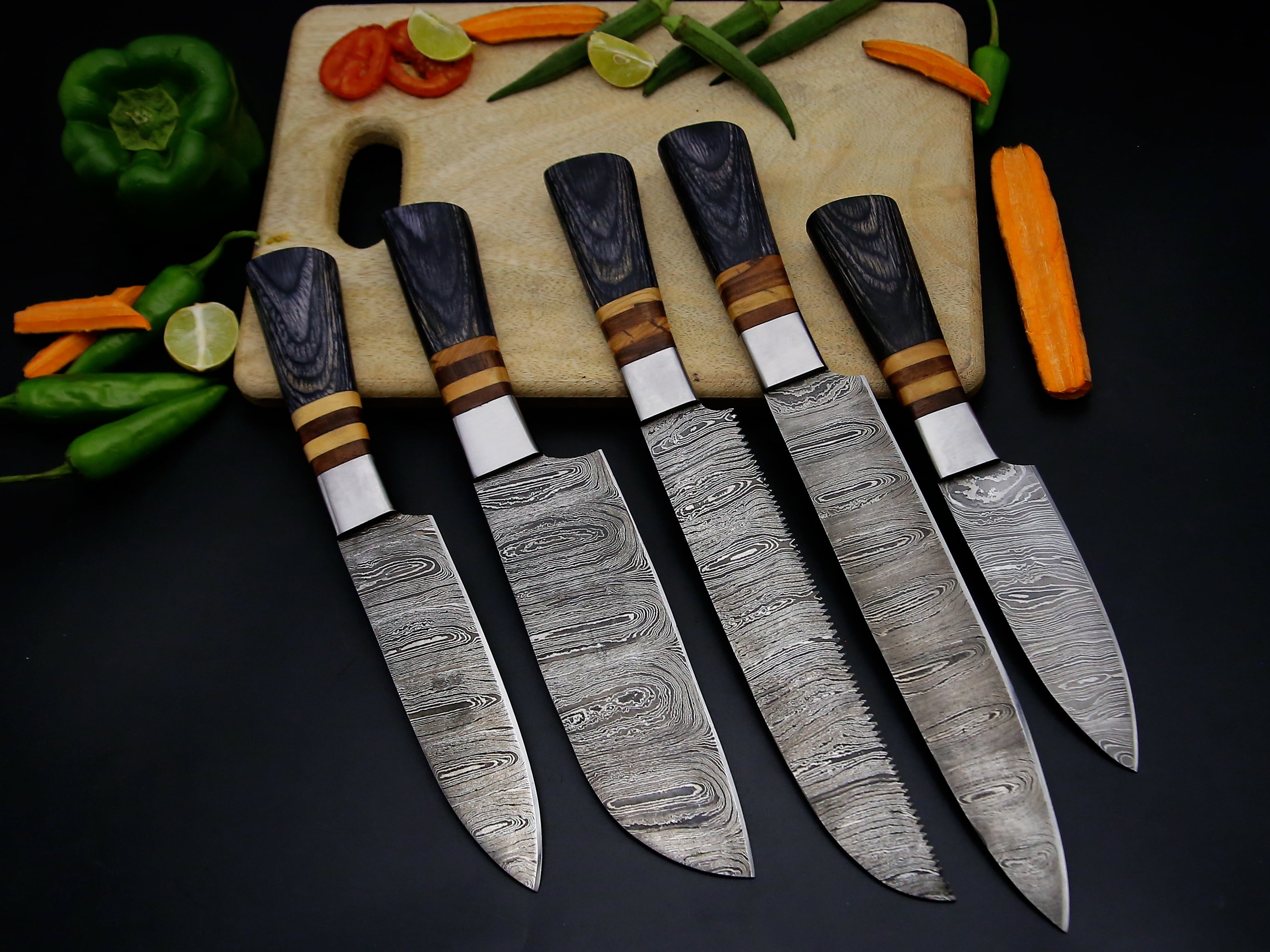 Hand Made Damascus Steel Chef Knife Set top with leather roll, Kitchen Knife Set, Set of 5 Pieces, Japanese Chef knife set, best Christmas gift