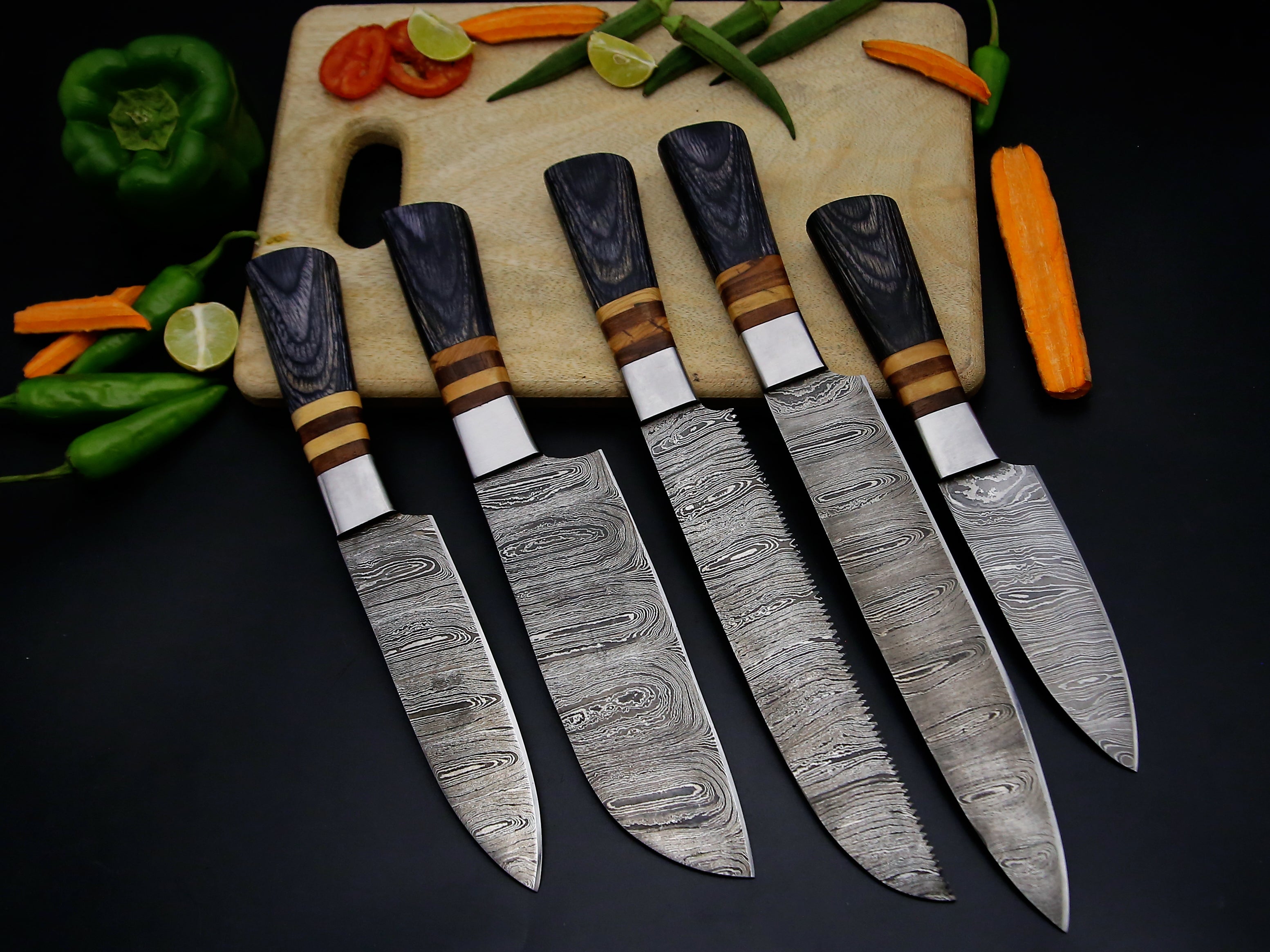 5 PCS Damascus Kitchen Chef knife set Grey Dollar Sheet With Spacers & Leather Roll Kit