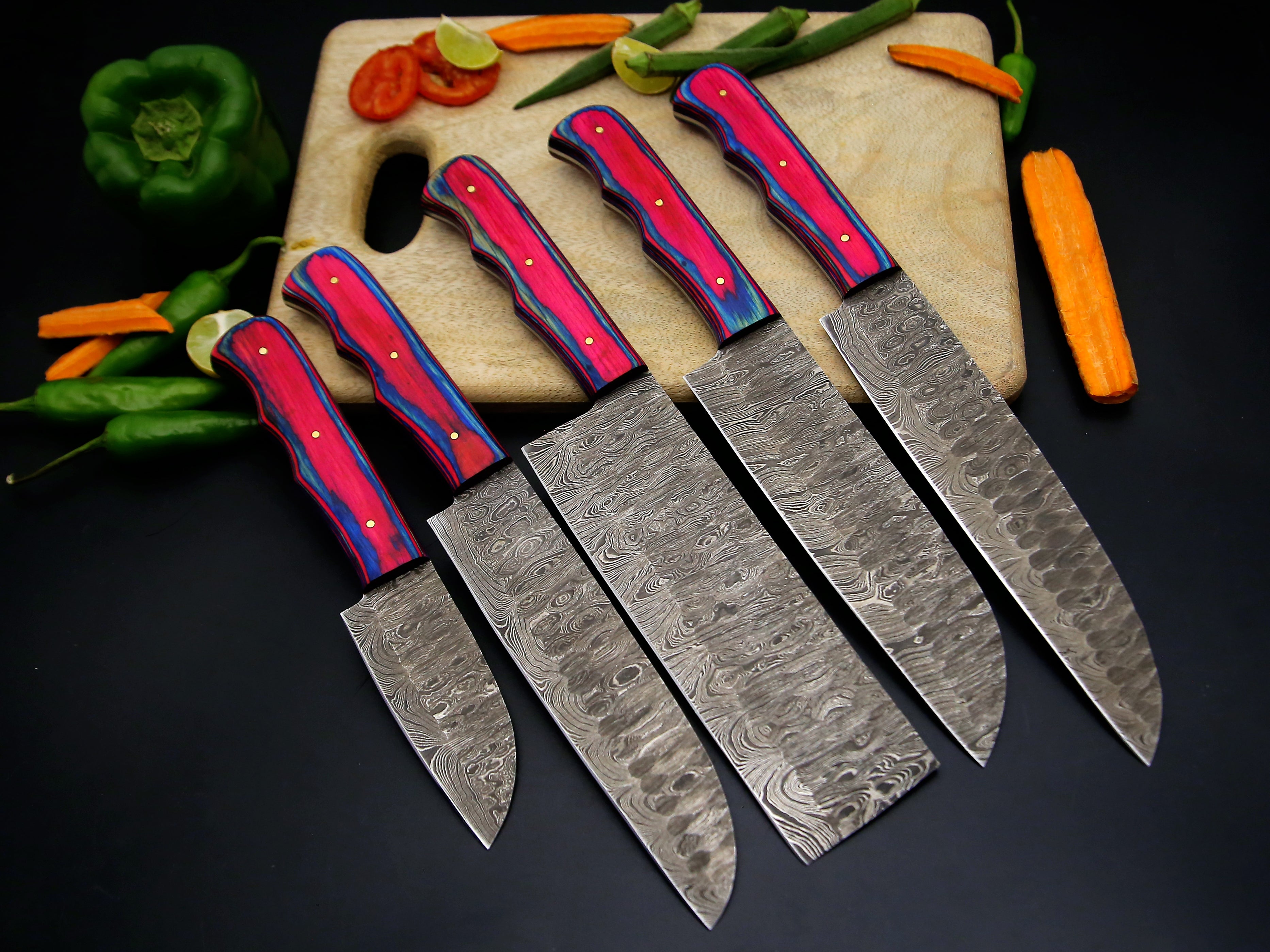 Personalized Handmade Damascus Steel Kitchen Knife Set Of 5 PCS Multi Color Dollar Handle Chef Knife With Leather Roll Kit.