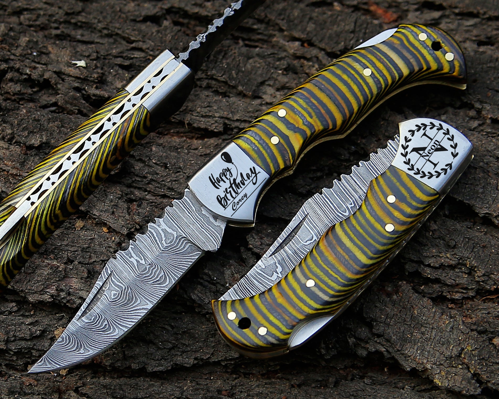 Damascus Folding Pocket Knife – Custom Steel Blade with Multicolor Wood Handle EDC Camping Knife with Leather Pouch.