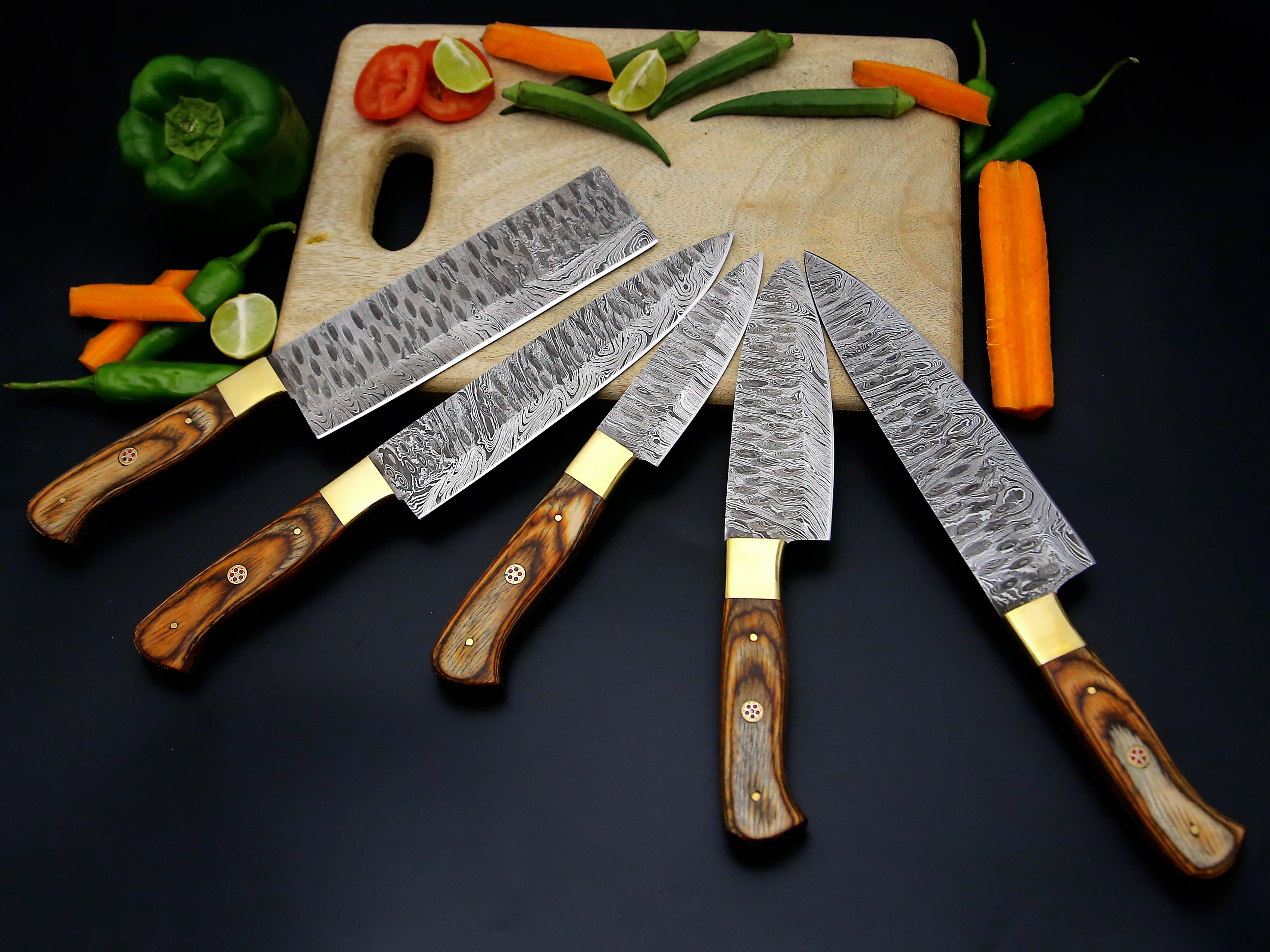 Damascus steel Chef knife set of 5 PCS Brown Dollar sheet Handle Kitchen Knife with Leather Roll kit.