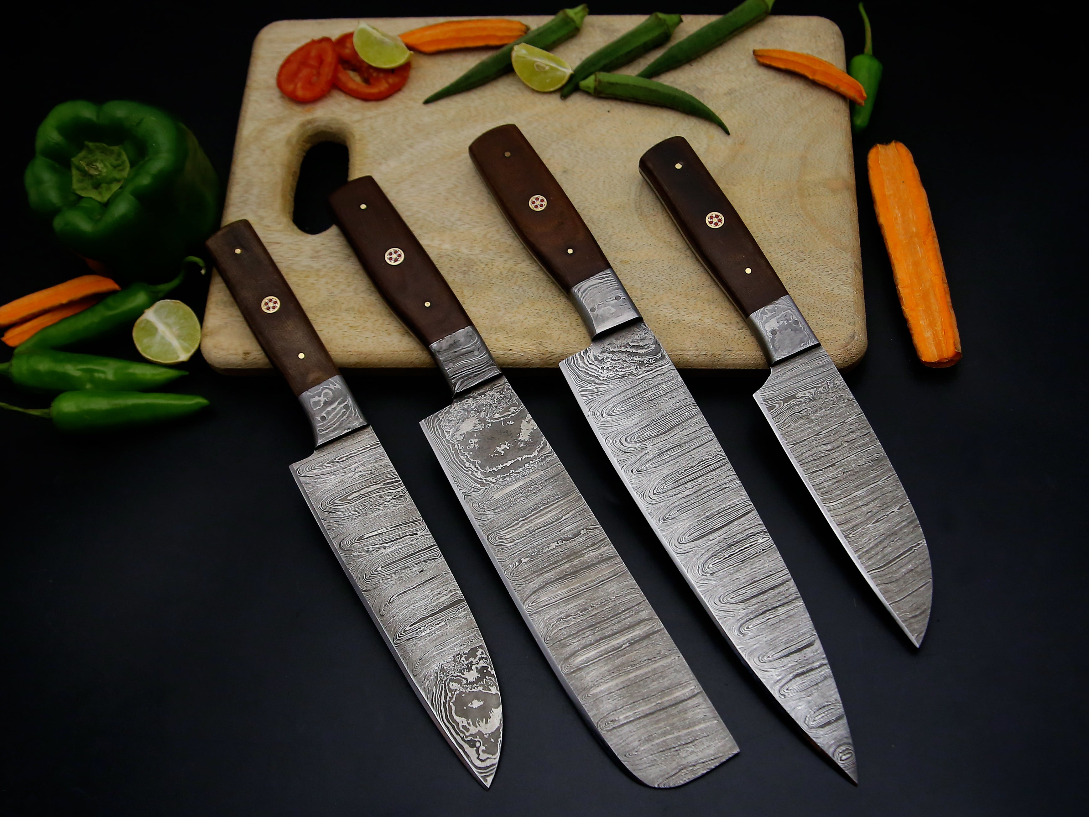 Best Hot selling chef Knife set of 4 PCS Brown Micarta sheet mosaic Pin Handle Damascus steel Kitchen Knife set Sharp cutting edge come with Leather Roll kit.