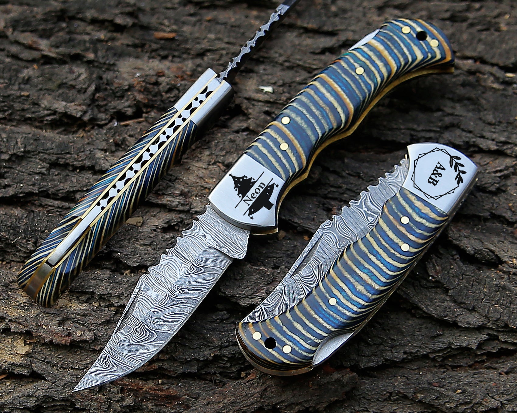 Damascus Steel EDC Pocket Knife – Tactical Folding Knife for Camping & Hunting Knife with Leather Pouch.