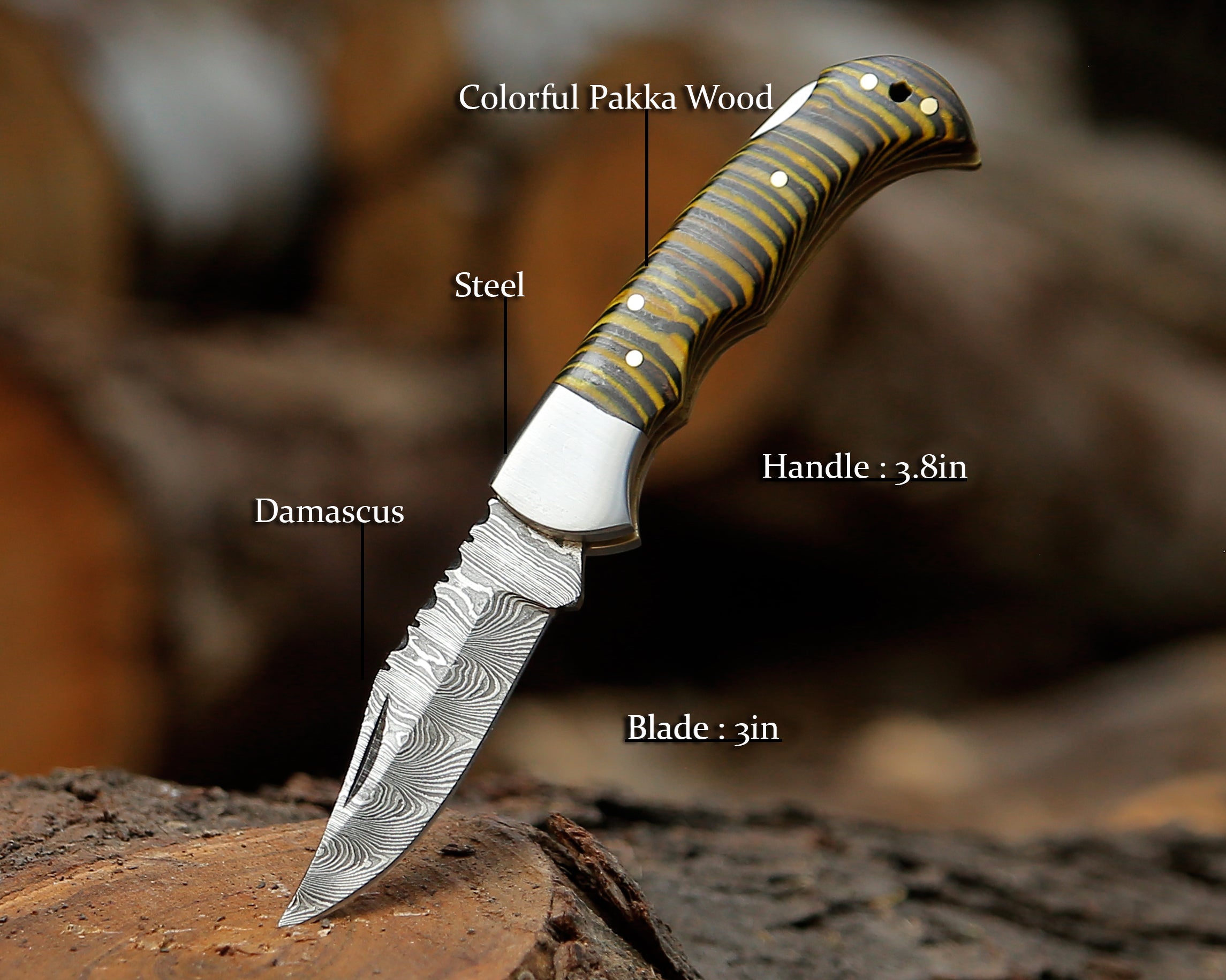 Damascus Folding Pocket Knife – Custom Steel Blade with Multicolor Wood Handle EDC Camping Knife with Leather Pouch.