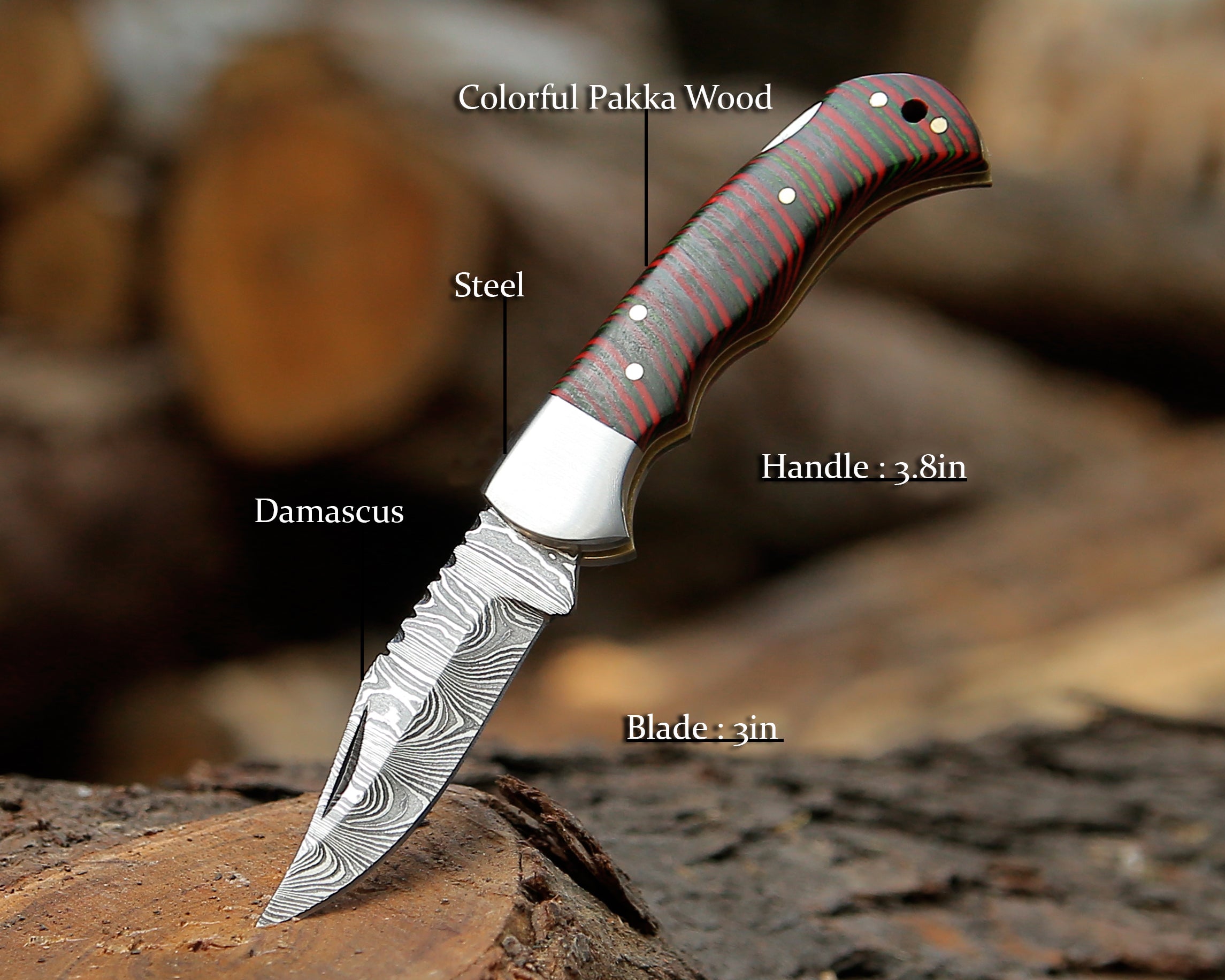 Premium Damascus Steel Pocket Knife – Handmade & Razor Sharp Multicolor Resin Handle with Leather Pouch.