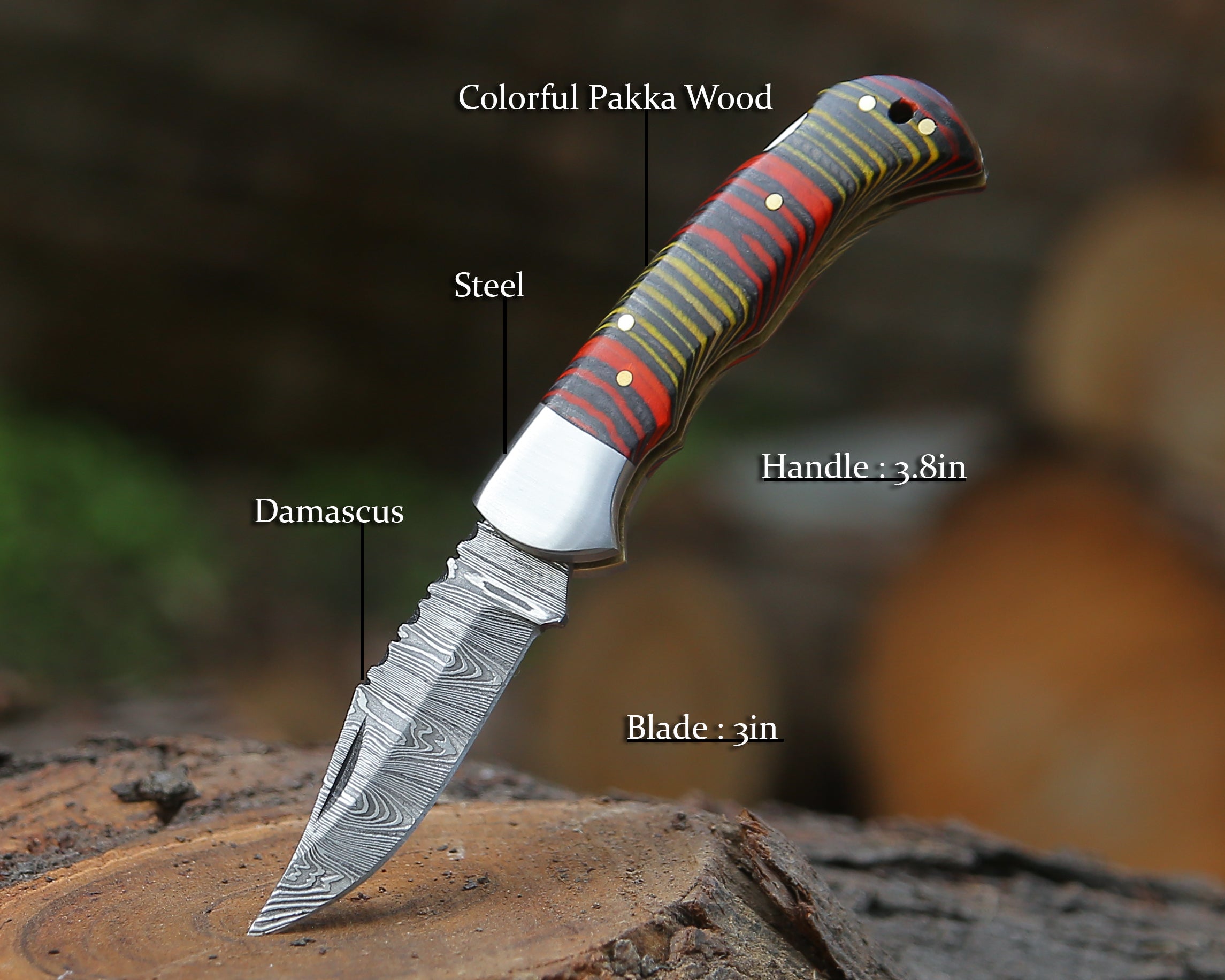 Compact Damascus Pocket Knife – Sharp, Durable & Stylish Everyday Carry Folding Knife with Multicolor Handle & Pouch.