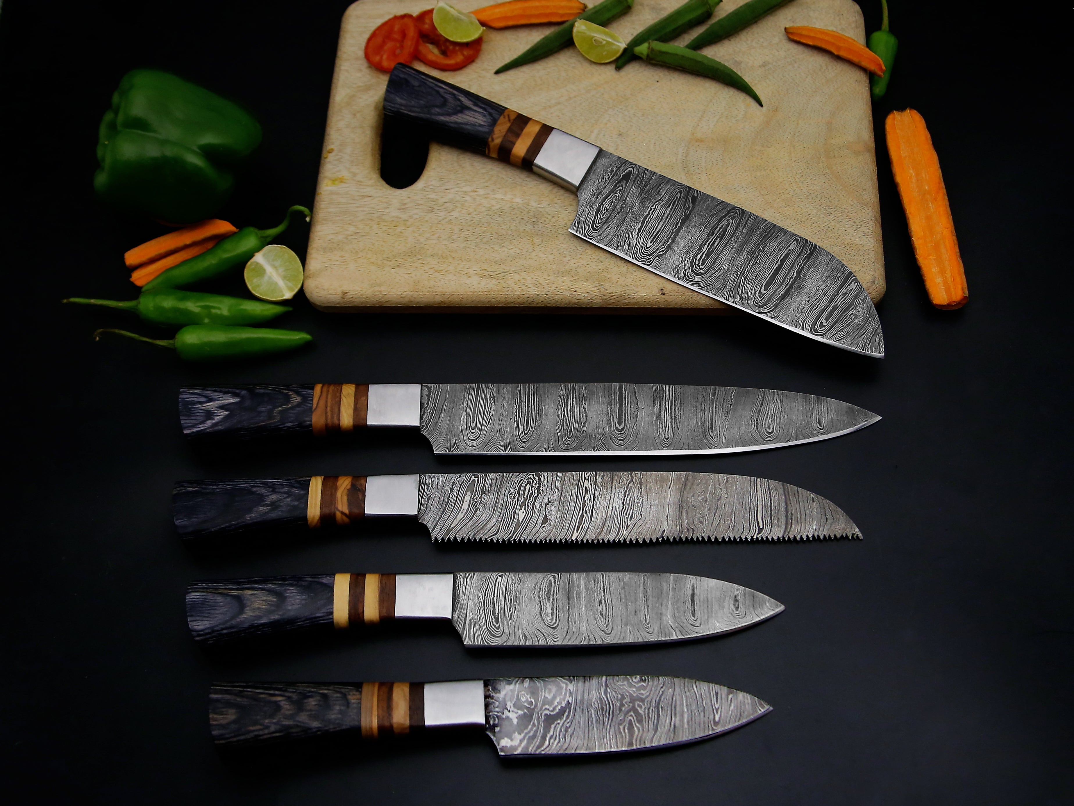 5 PCS Damascus Kitchen Chef knife set Grey Dollar Sheet With Spacers & Leather Roll Kit