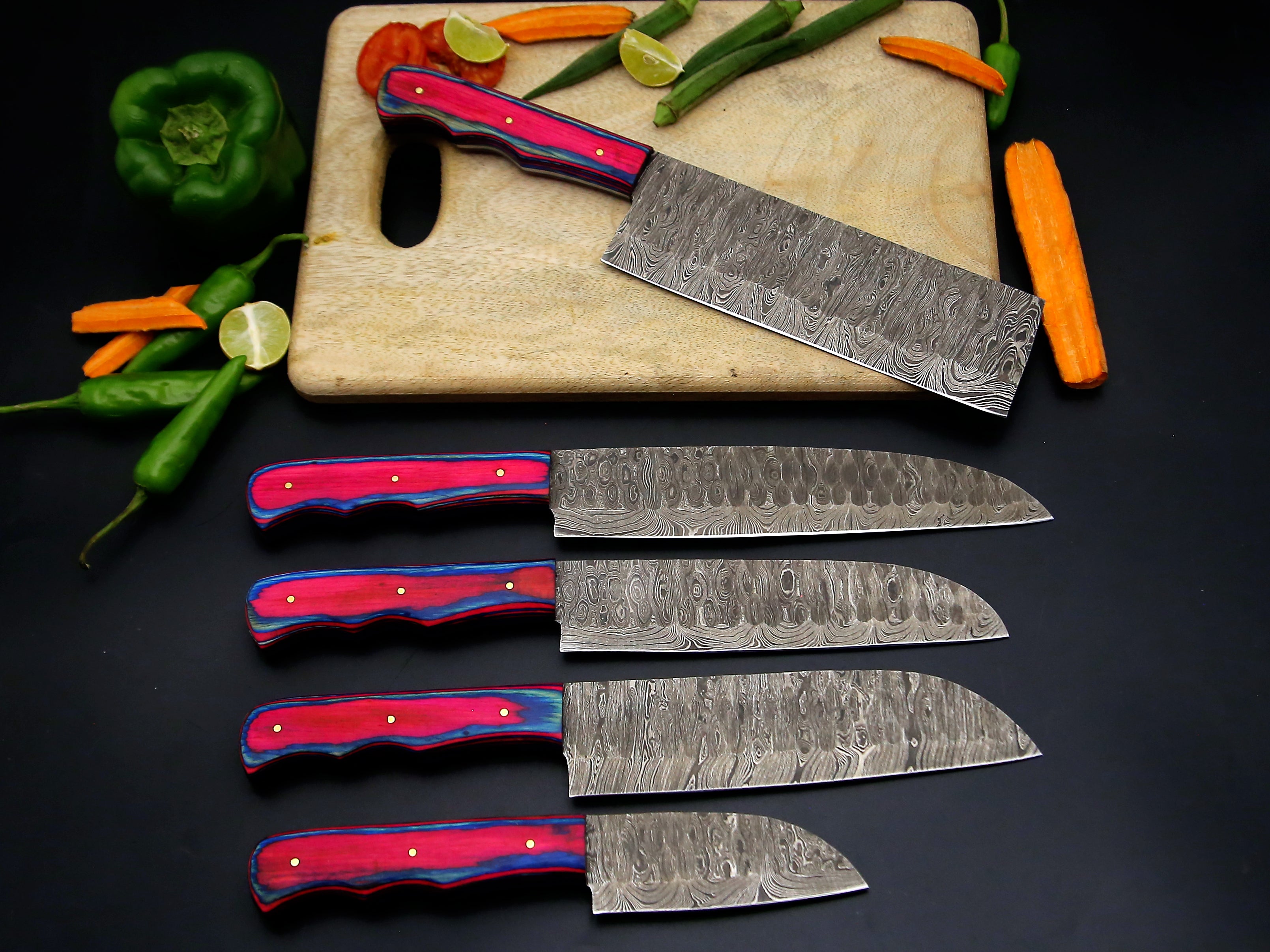 Personalized Handmade Damascus Steel Kitchen Knife Set Of 5 PCS Multi Color Dollar Handle Chef Knife With Leather Roll Kit.