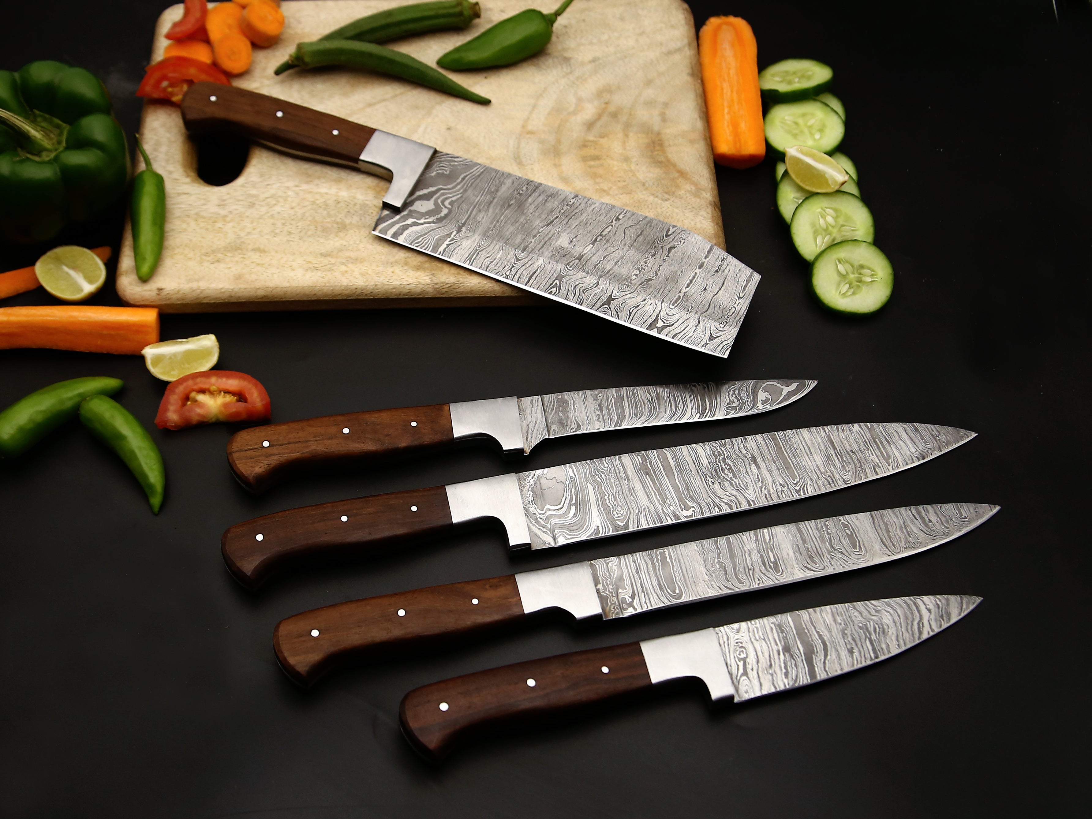 Chef Knife Set of 5 PCS with Rosewood Handle Stainless steel Bolster Damascus Kitchen Knife Razor sharp cutting Edge come with Leather Roll kit.