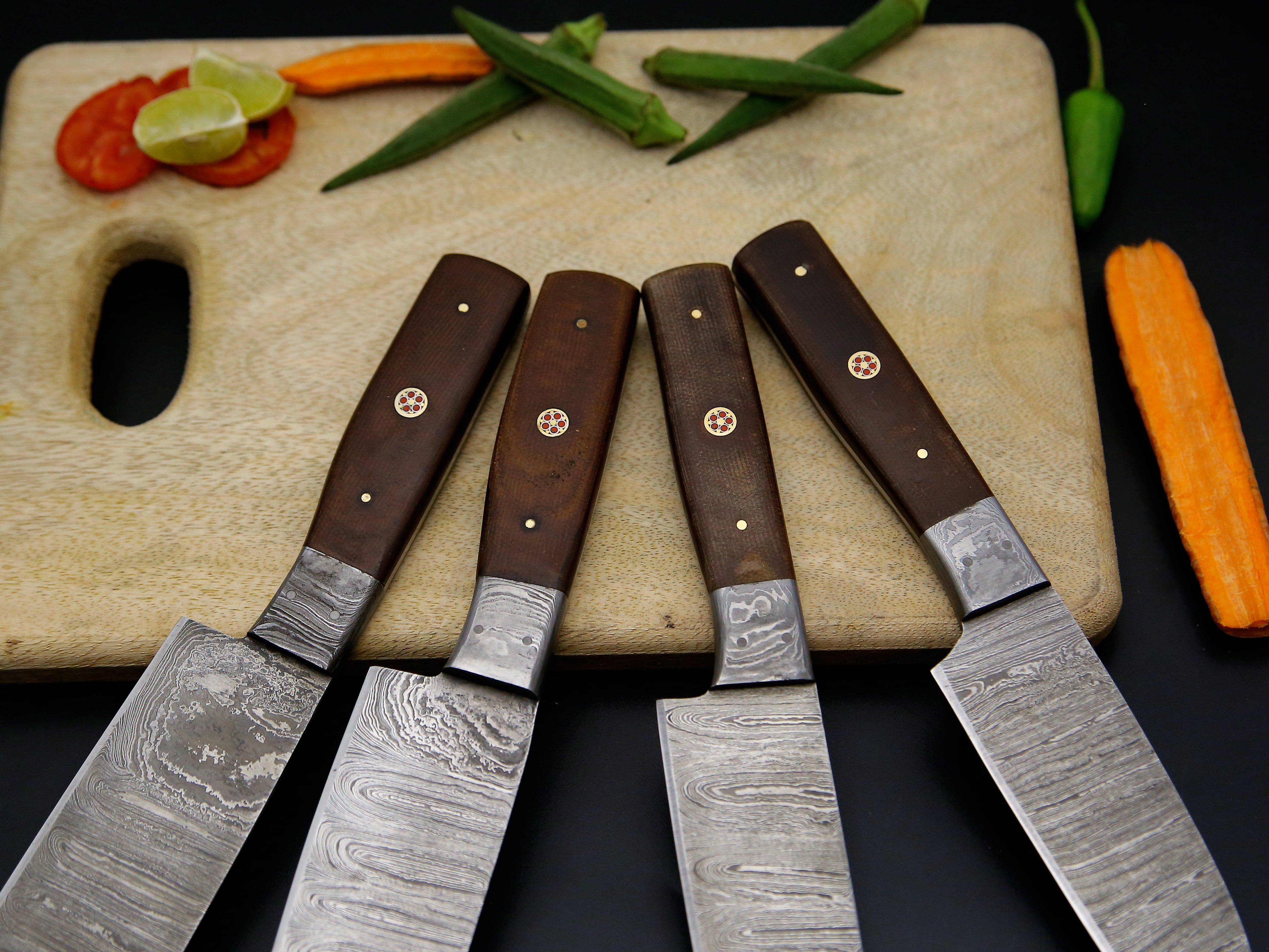 Best Hot selling chef Knife set of 4 PCS Brown Micarta sheet mosaic Pin Handle Damascus steel Kitchen Knife set Sharp cutting edge come with Leather Roll kit.