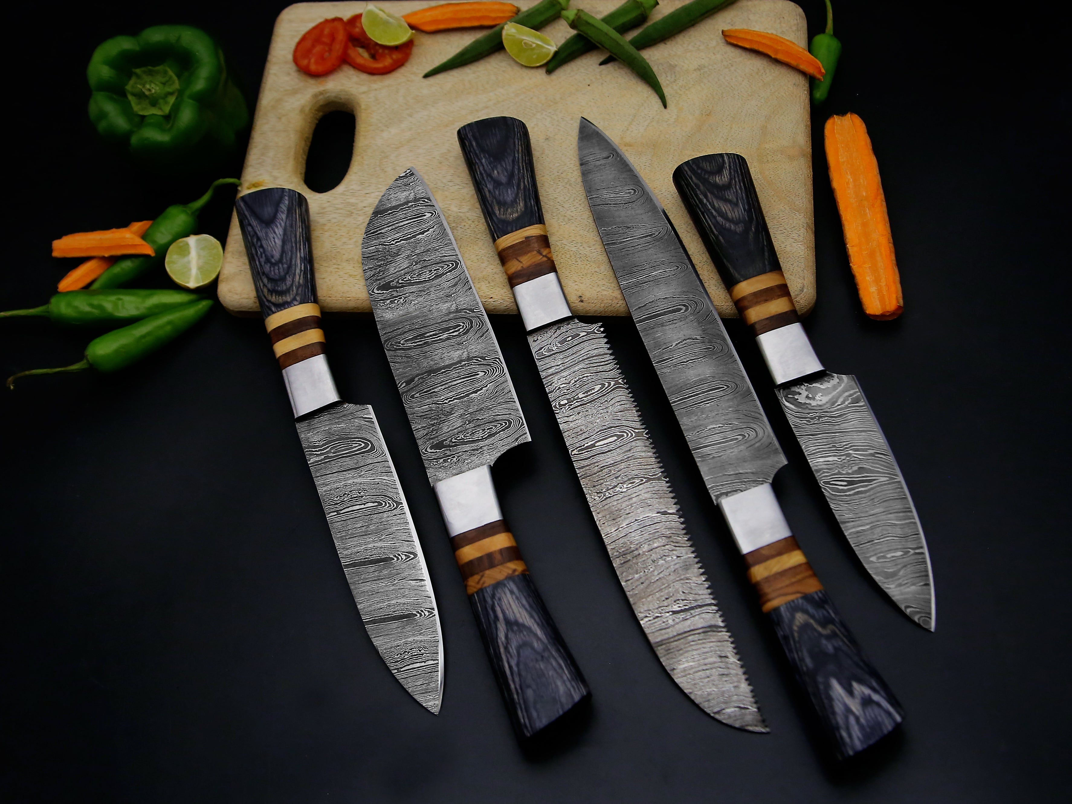 5 PCS Damascus Kitchen Chef knife set Grey Dollar Sheet With Spacers & Leather Roll Kit