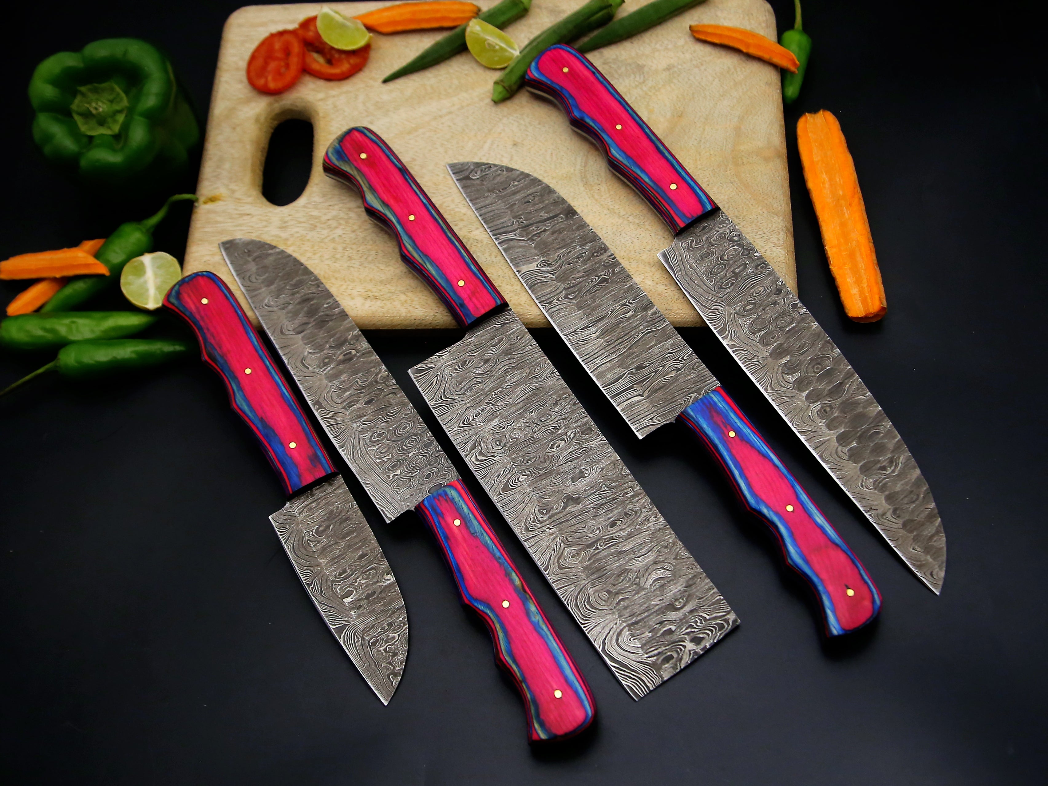 Personalized Handmade Damascus Steel Kitchen Knife Set Of 5 PCS Multi Color Dollar Handle Chef Knife With Leather Roll Kit.