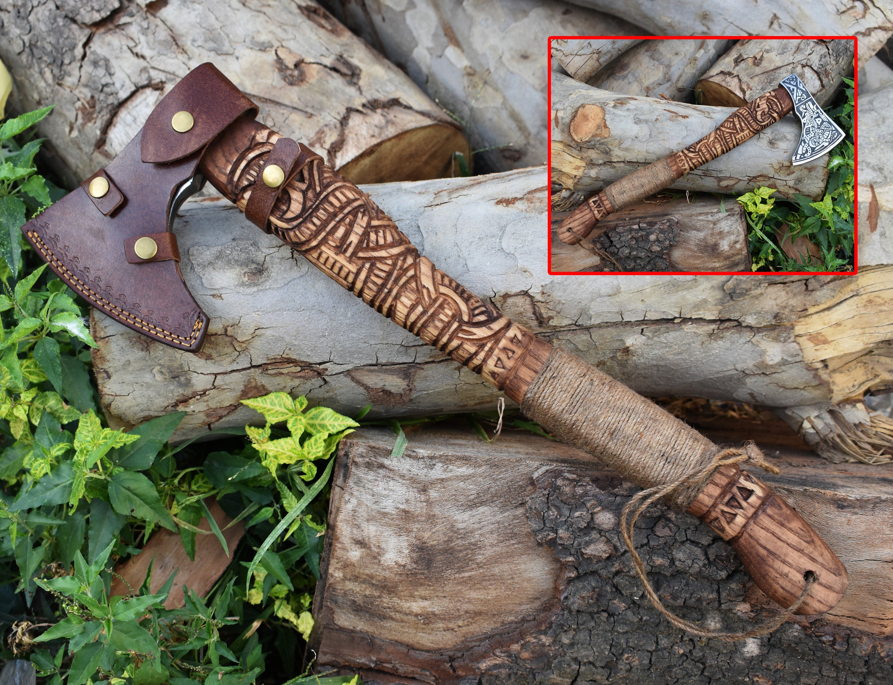 Engraved Viking Axe | Hand-Forged Norse Hatchet | Custom Nordic Weapon for Gift or Display Ash wood Handle with Leather Pouch.