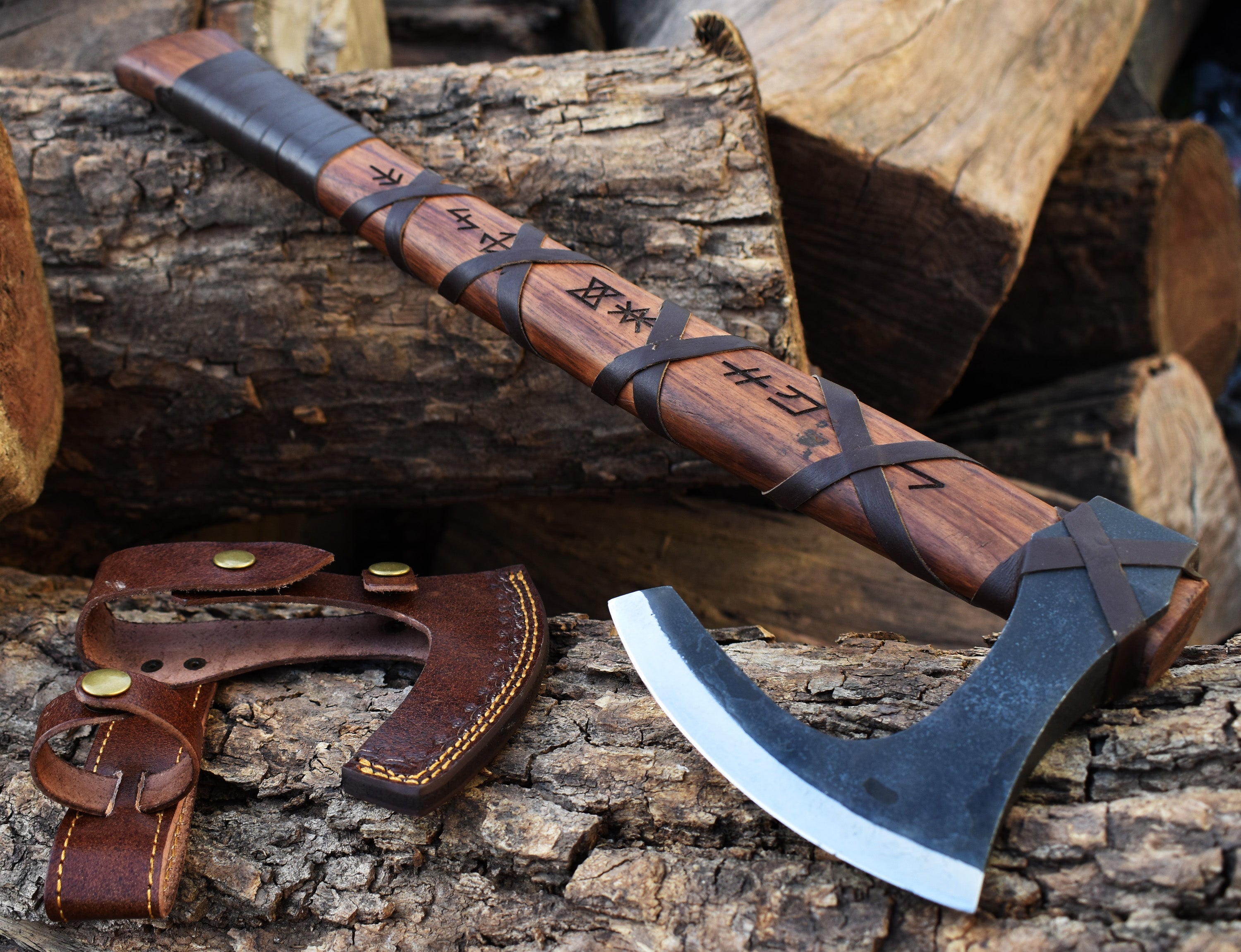 Battle-Ready Viking Axe | Hand-Forged Norse Hatchet with Leather Grip & Rune Carvings.