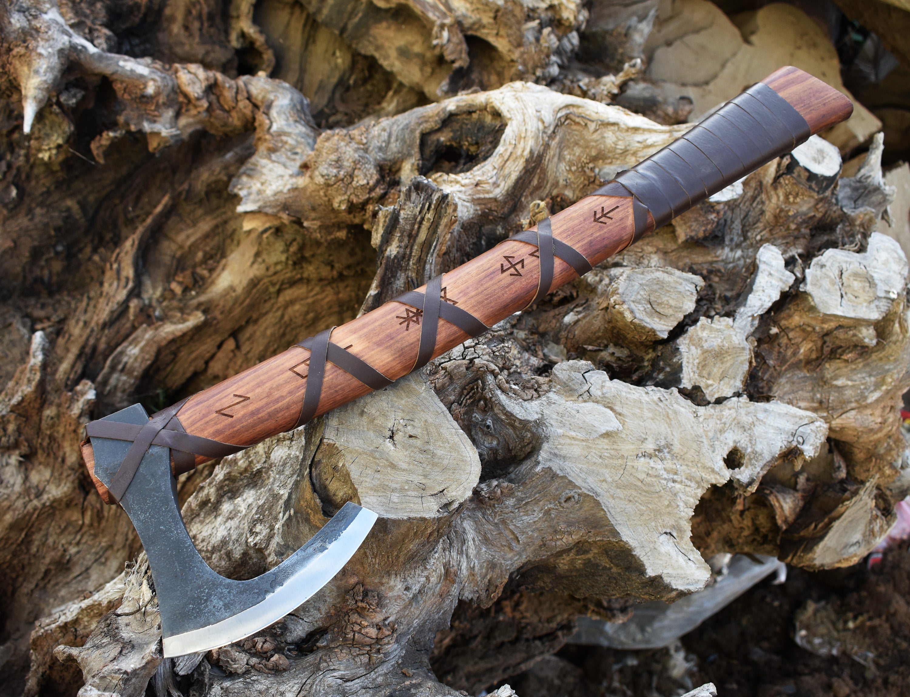 Battle-Ready Viking Axe | Hand-Forged Norse Hatchet with Leather Grip & Rune Carvings.