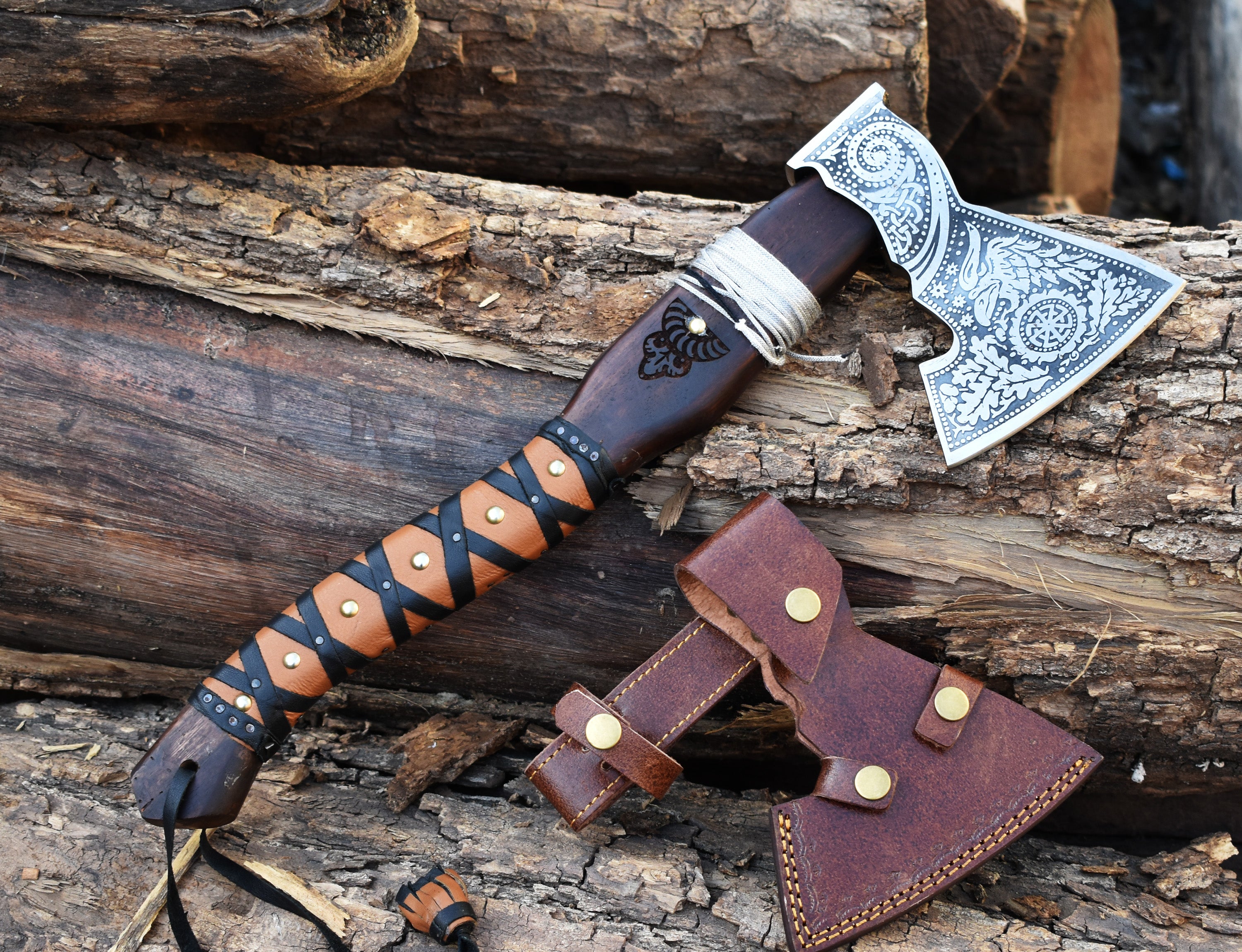Engraved Viking Axe | Hand-Forged Damascus Hatchet with Leather Sheath | Norse Gift for Him.