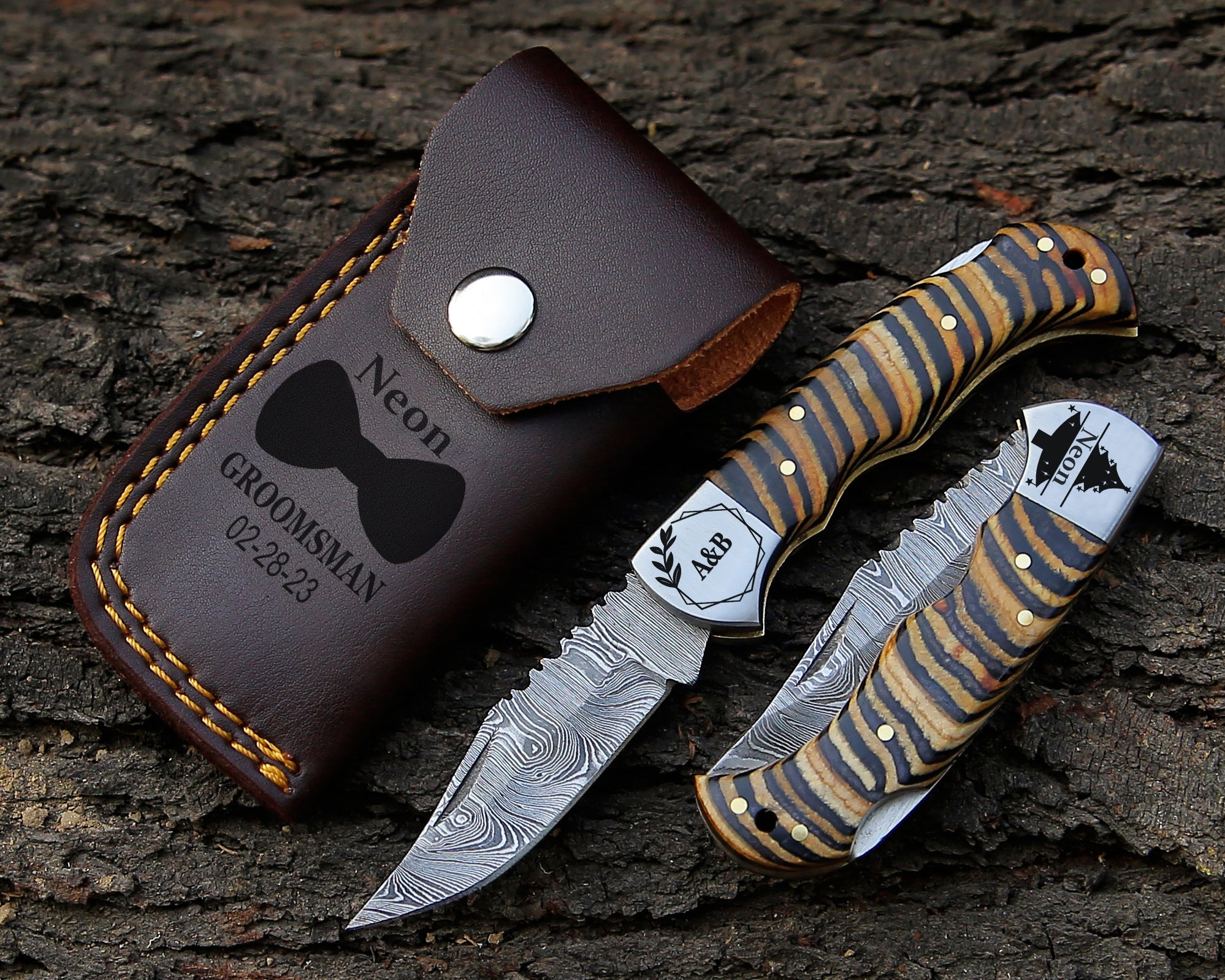 Custom Damascus Pocket Knife – Engraved Folding Blade & Natural Multicolor Handle Camping Knife with Pouch.