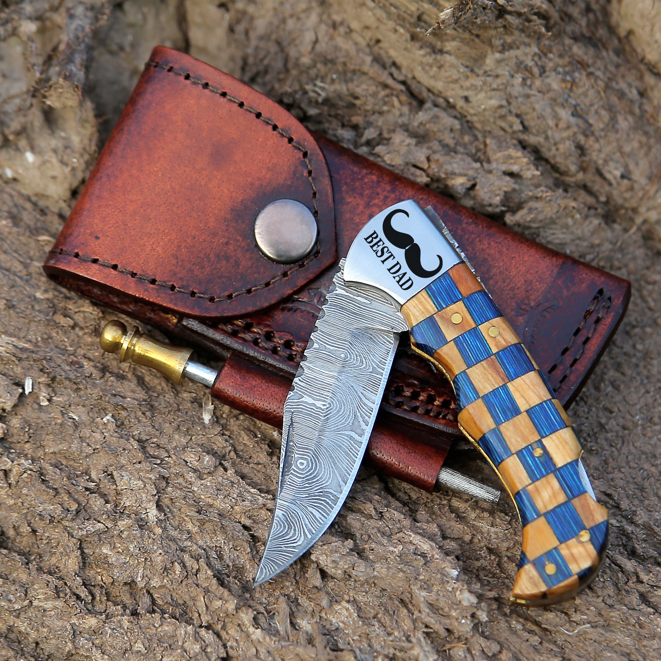 7" personalized Handmade Damascus steel Pocket Knife Multicolor Wood Handle Folding Knife Best for survival Camping Hunting fishing Tools Best Gift for Your Love once.