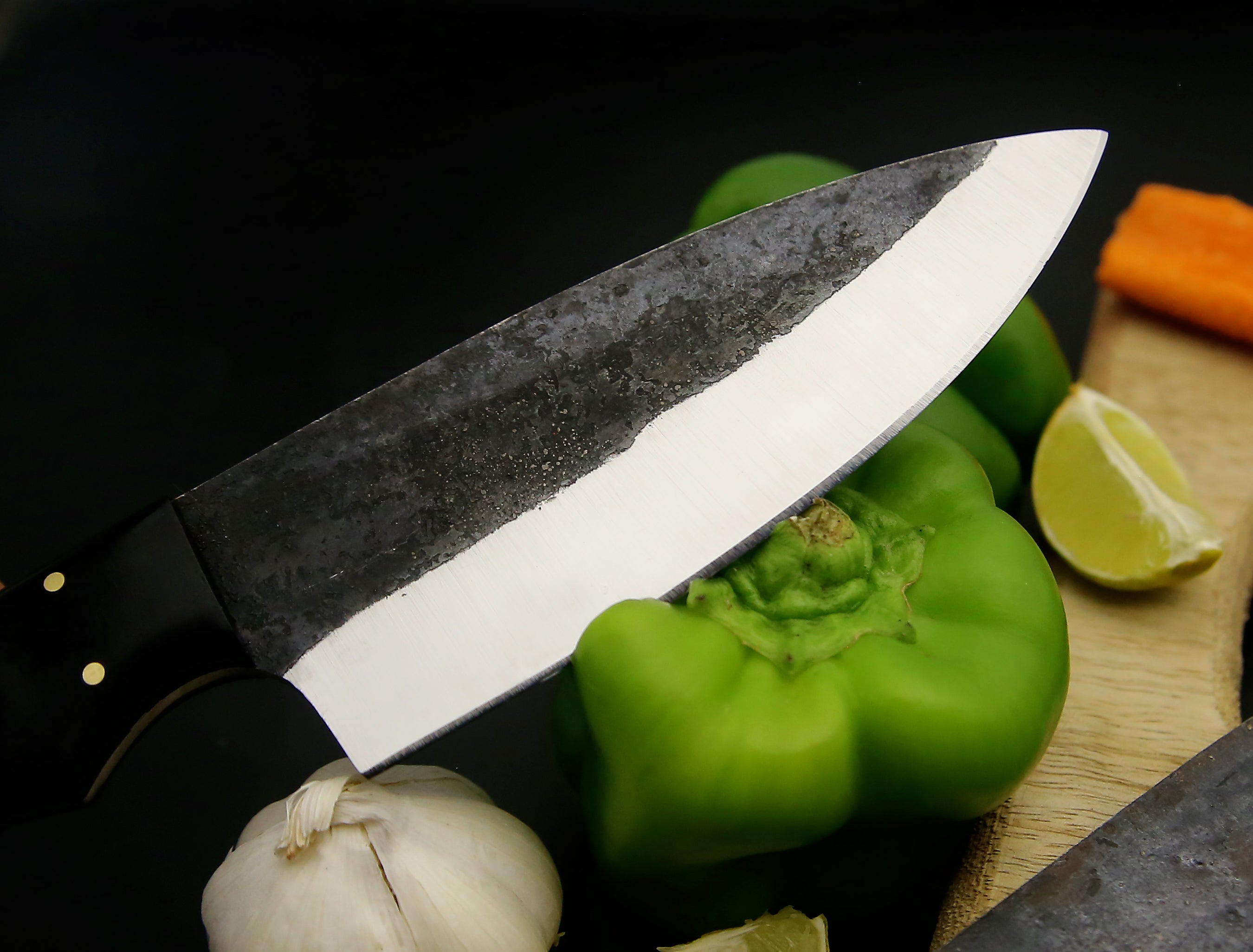 Handmade High Carbon steel Chef Knife set of 5 PCS Rosewood Black Horn Handle Kitchen Knives Camping Hunting EDC Knives with Leather roll Kit.