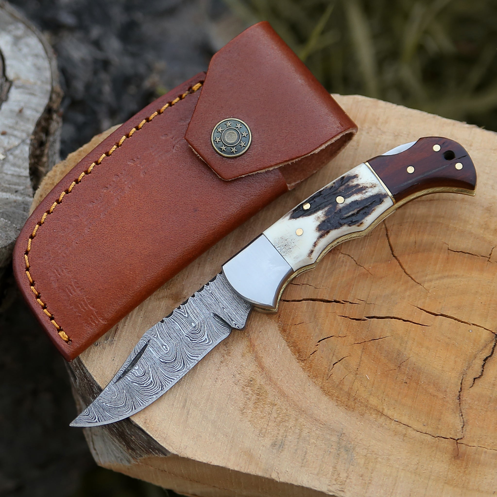 Beautiful Stag and Rosewood Handle 6.8" Handmade Damascus Steel Folding Knife Back Lock Personalized Pocket Knife With Leather Pouch.