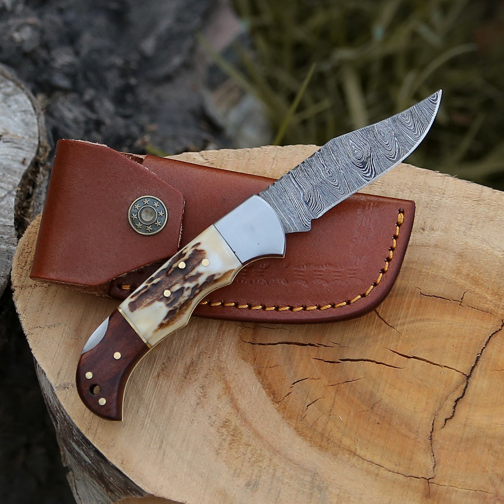 Beautiful Stag and Rosewood Handle 6.8" Handmade Damascus Steel Folding Knife Back Lock Personalized Pocket Knife With Leather Pouch.