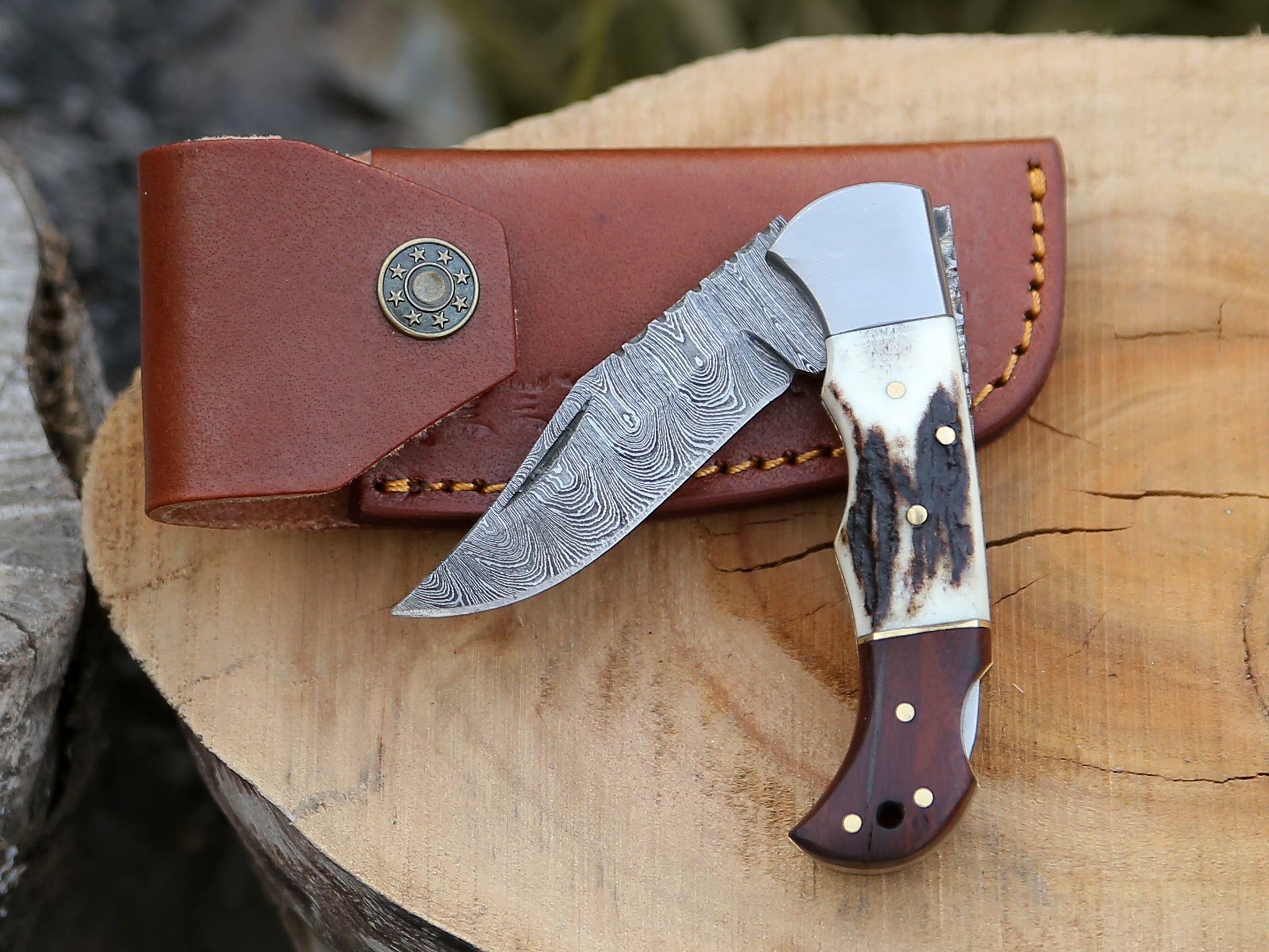 Beautiful Stag and Rosewood Handle 6.8" Handmade Damascus Steel Folding Knife Back Lock Personalized Pocket Knife With Leather Pouch.