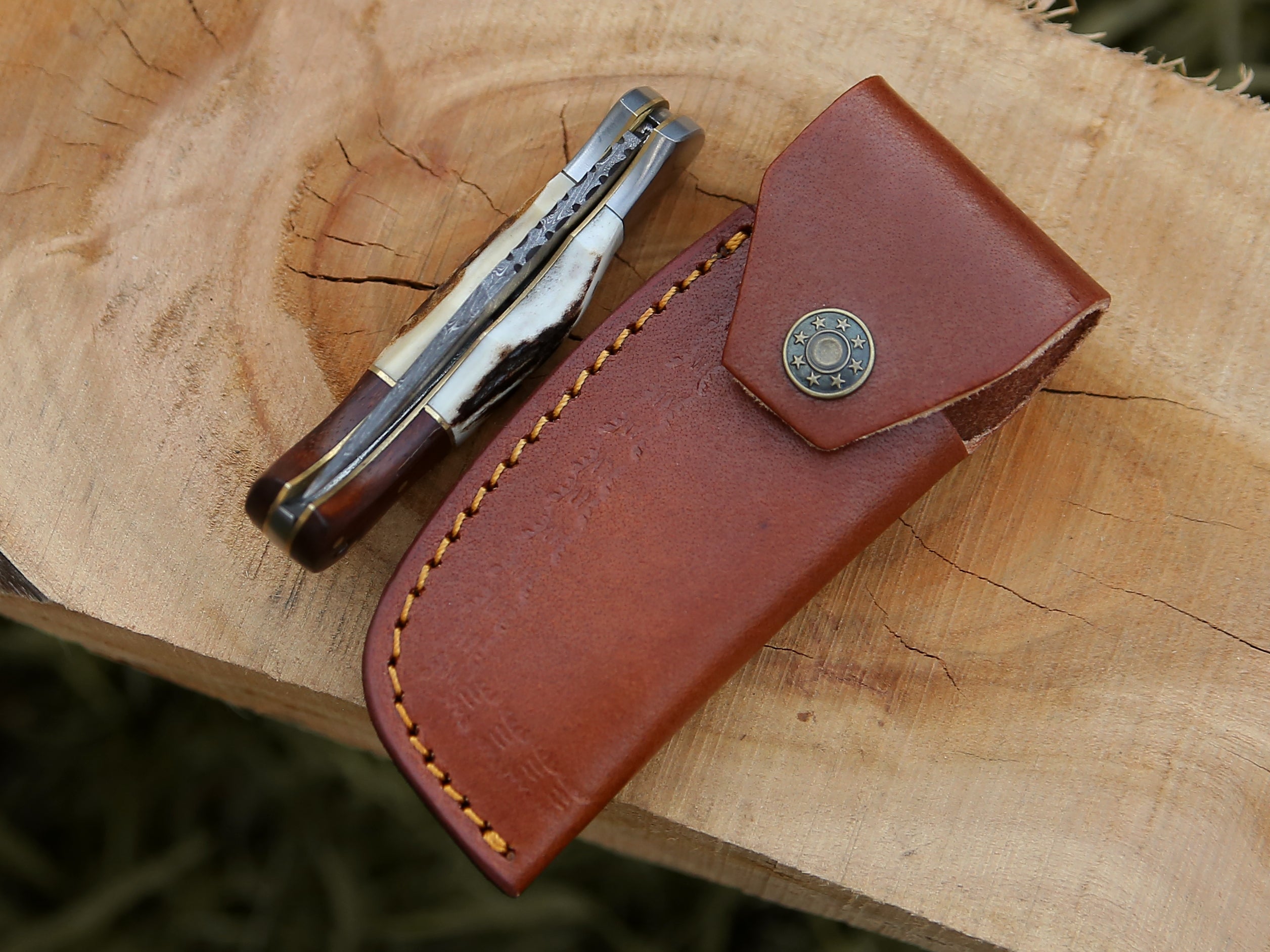 Beautiful Stag and Rosewood Handle 6.8" Handmade Damascus Steel Folding Knife Back Lock Personalized Pocket Knife With Leather Pouch.