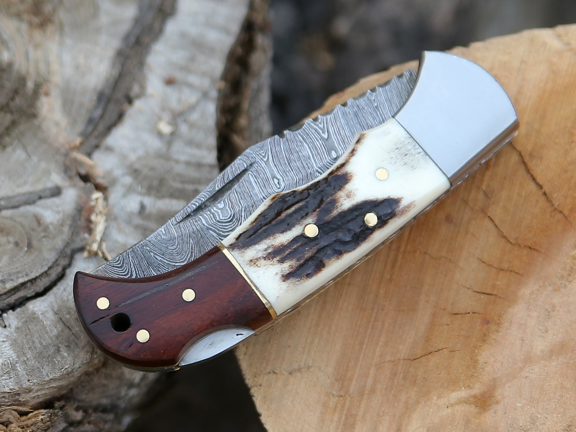 Beautiful Stag and Rosewood Handle 6.8" Handmade Damascus Steel Folding Knife Back Lock Personalized Pocket Knife With Leather Pouch.