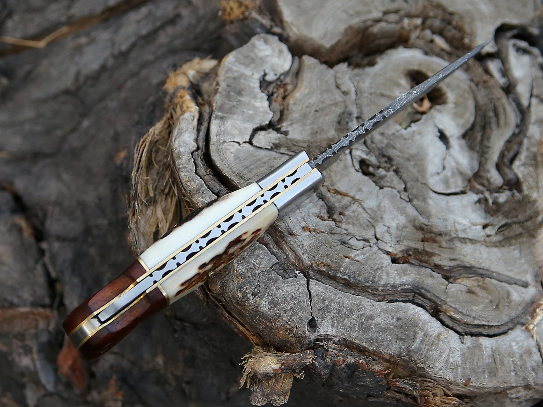 Beautiful Stag and Rosewood Handle 6.8" Handmade Damascus Steel Folding Knife Back Lock Personalized Pocket Knife With Leather Pouch.