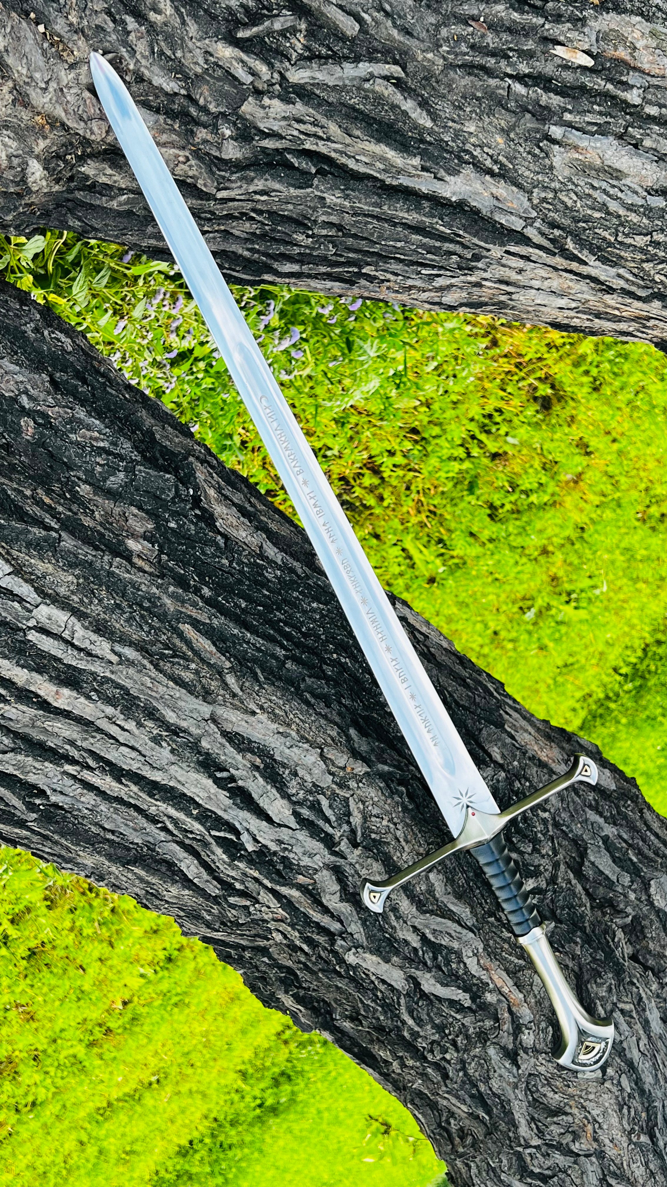 Handmade Anduril Fantasy Sword with Engraved Blade, Medieval Decorative Sword for Display & Gift With Wall Hung Stand