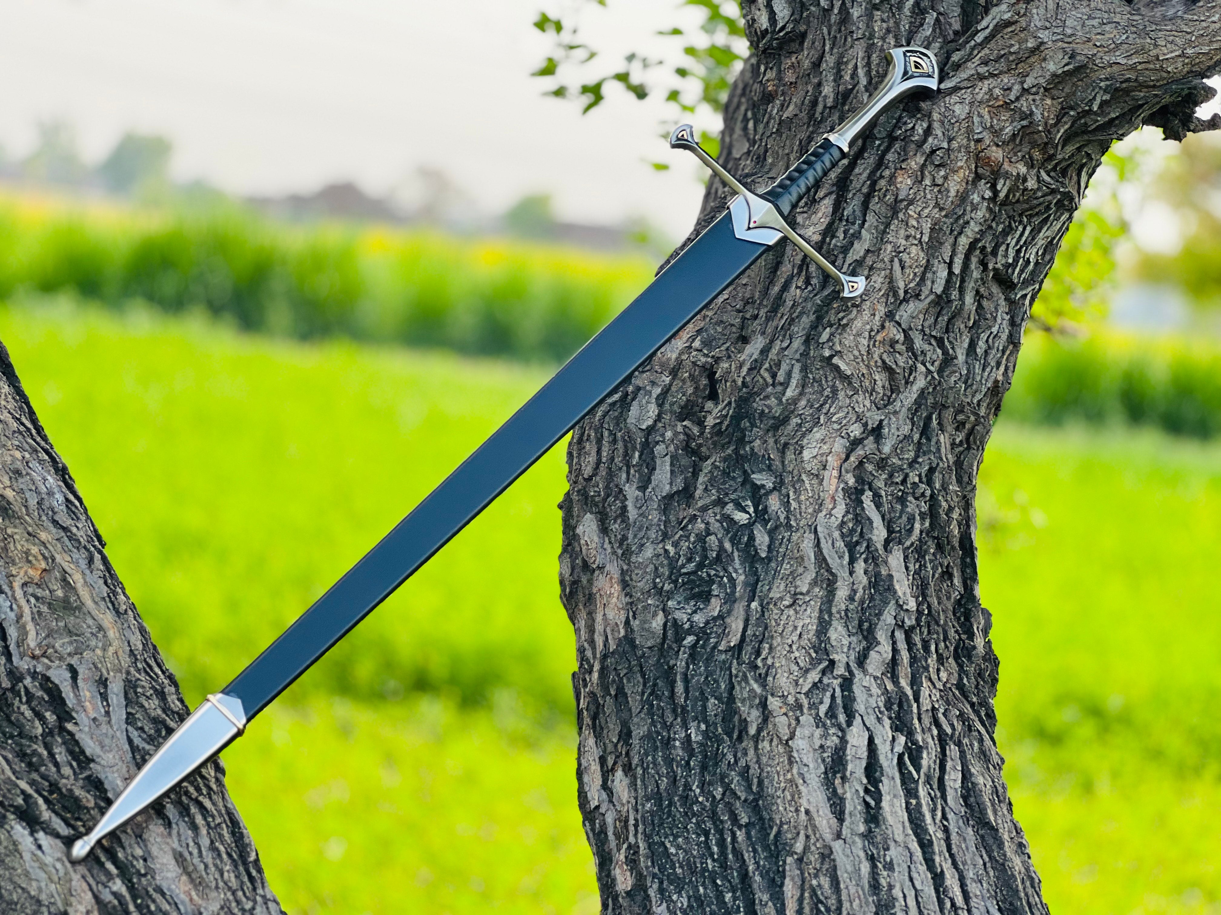 Handmade Anduril Fantasy Sword with Engraved Blade, Medieval Decorative Sword for Display & Gift With Wall Hung Stand