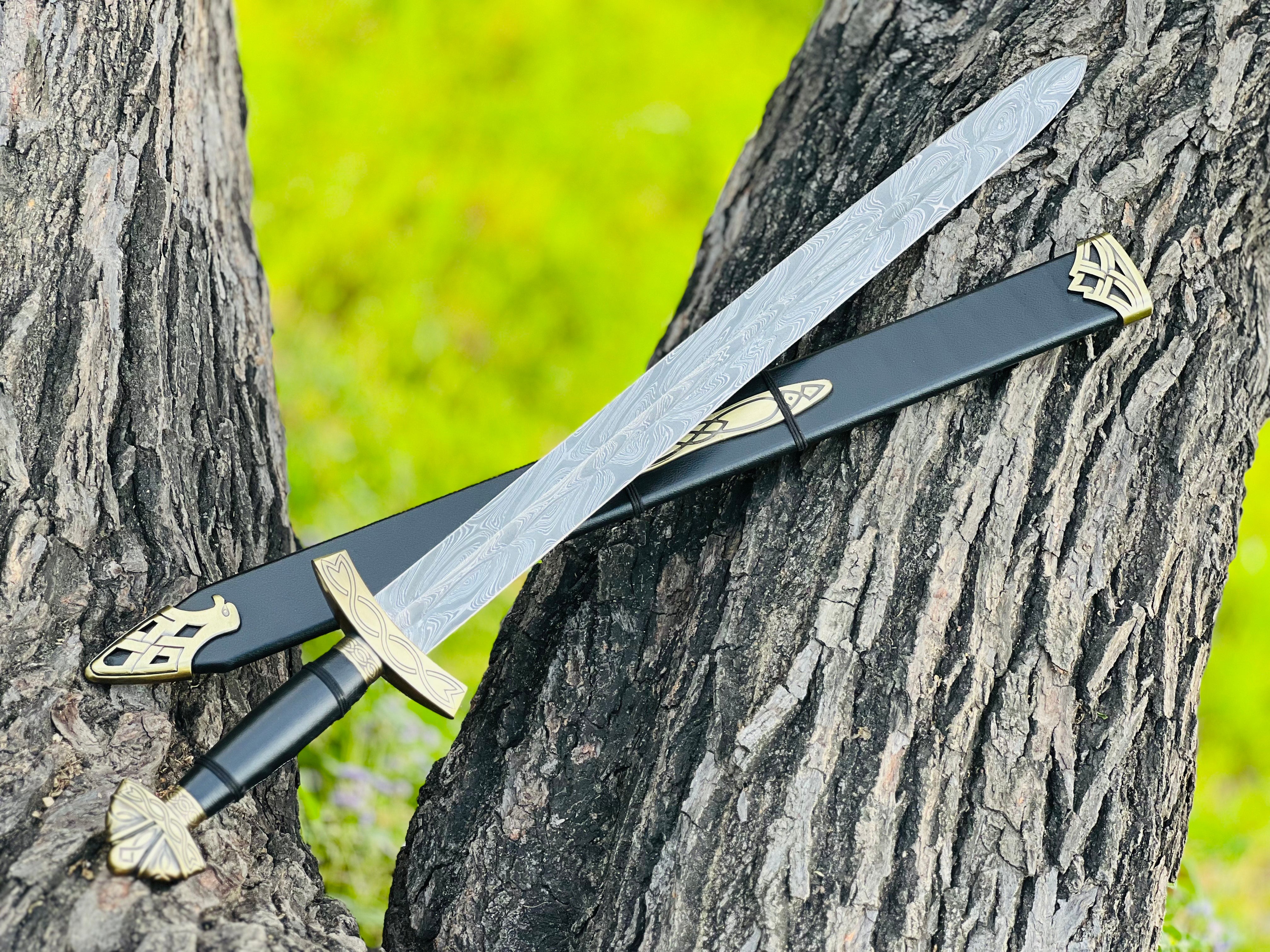 Handmade Damascus Steel Sword with Engraved Blade, Medieval Decorative Sword for Display & Gift