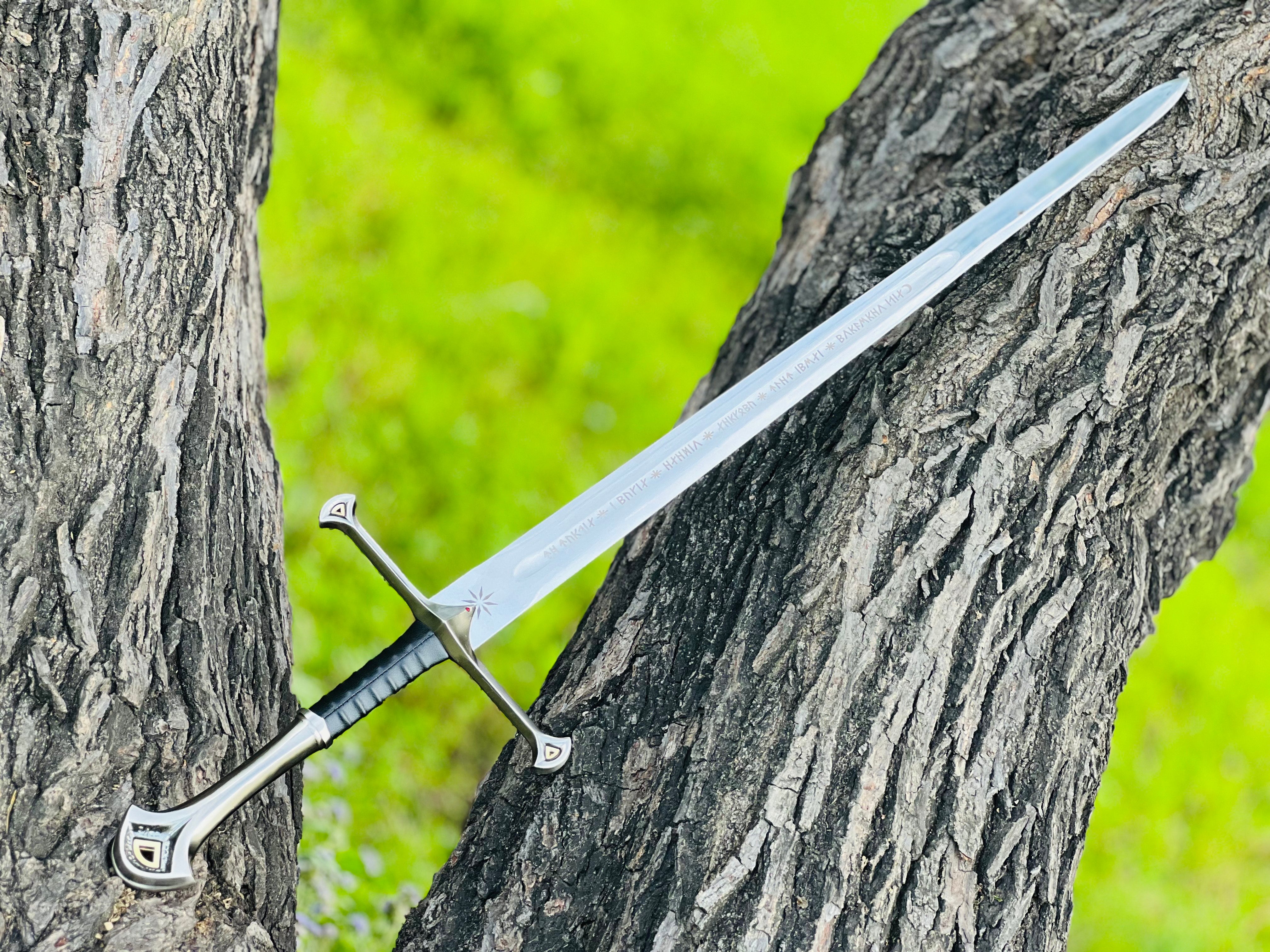 Handmade Anduril Fantasy Sword with Engraved Blade, Medieval Decorative Sword for Display & Gift With Wall Hung Stand